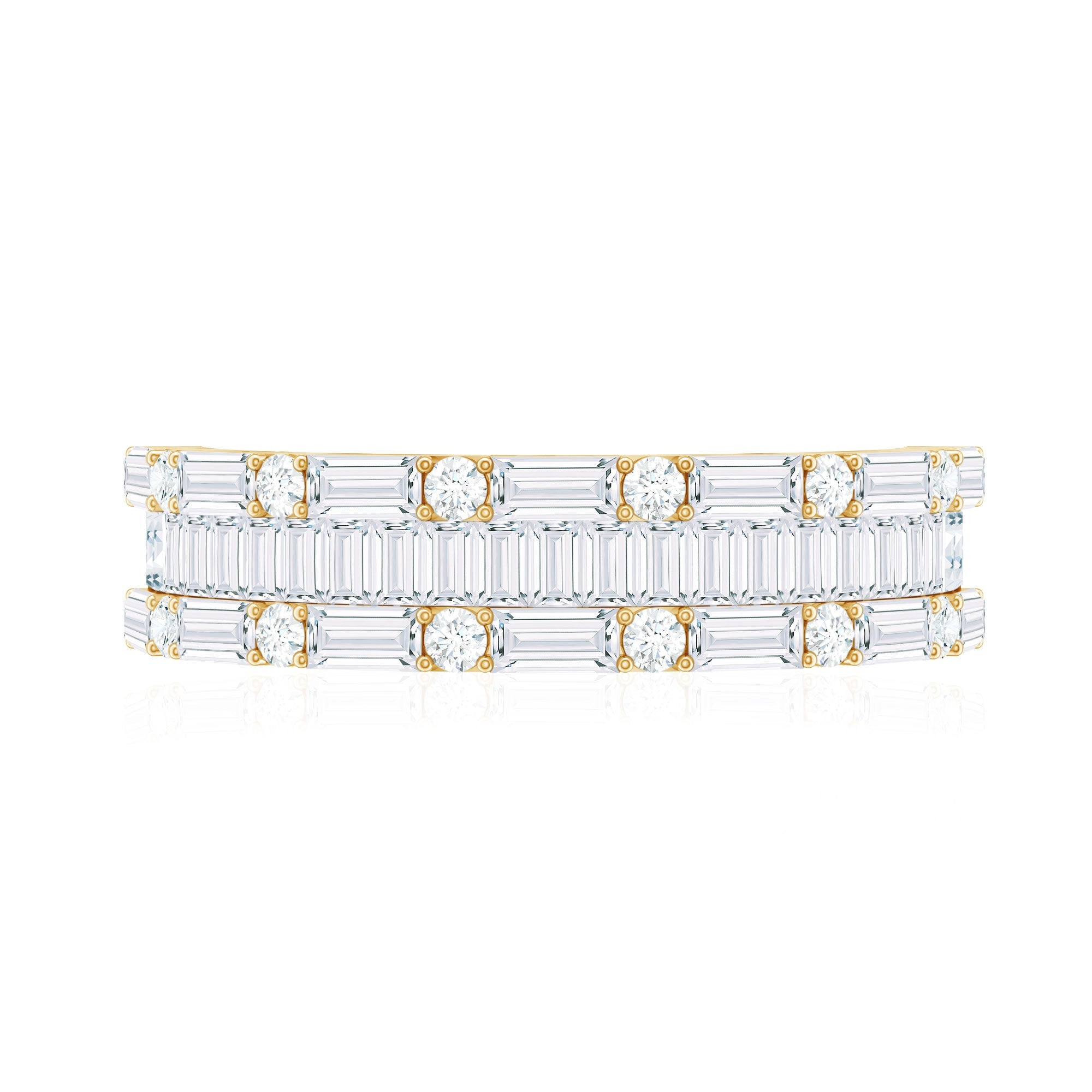 Baguette and Round Cubic Zirconia Three Row Wedding Band