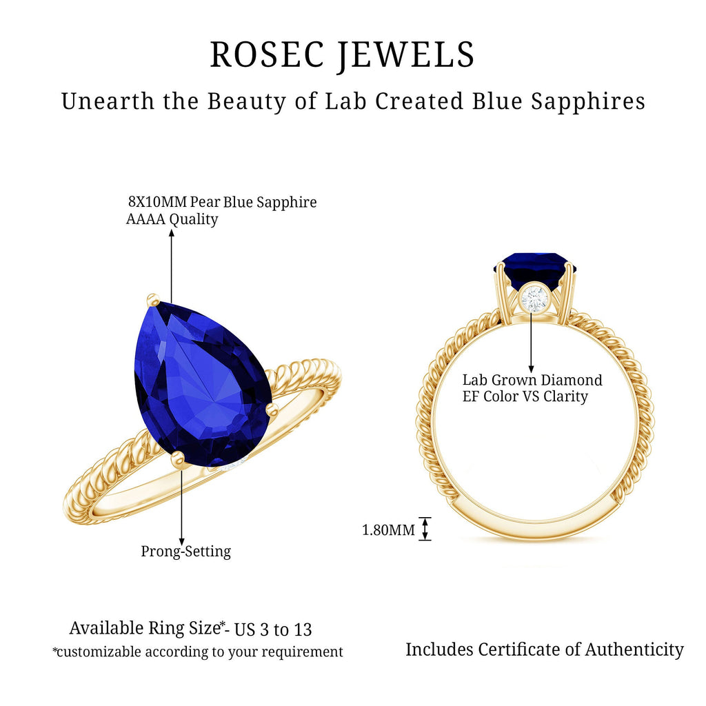 Certified 3 Carat Lab Grown Blue Sapphire Pear Shaped Engagement Ring