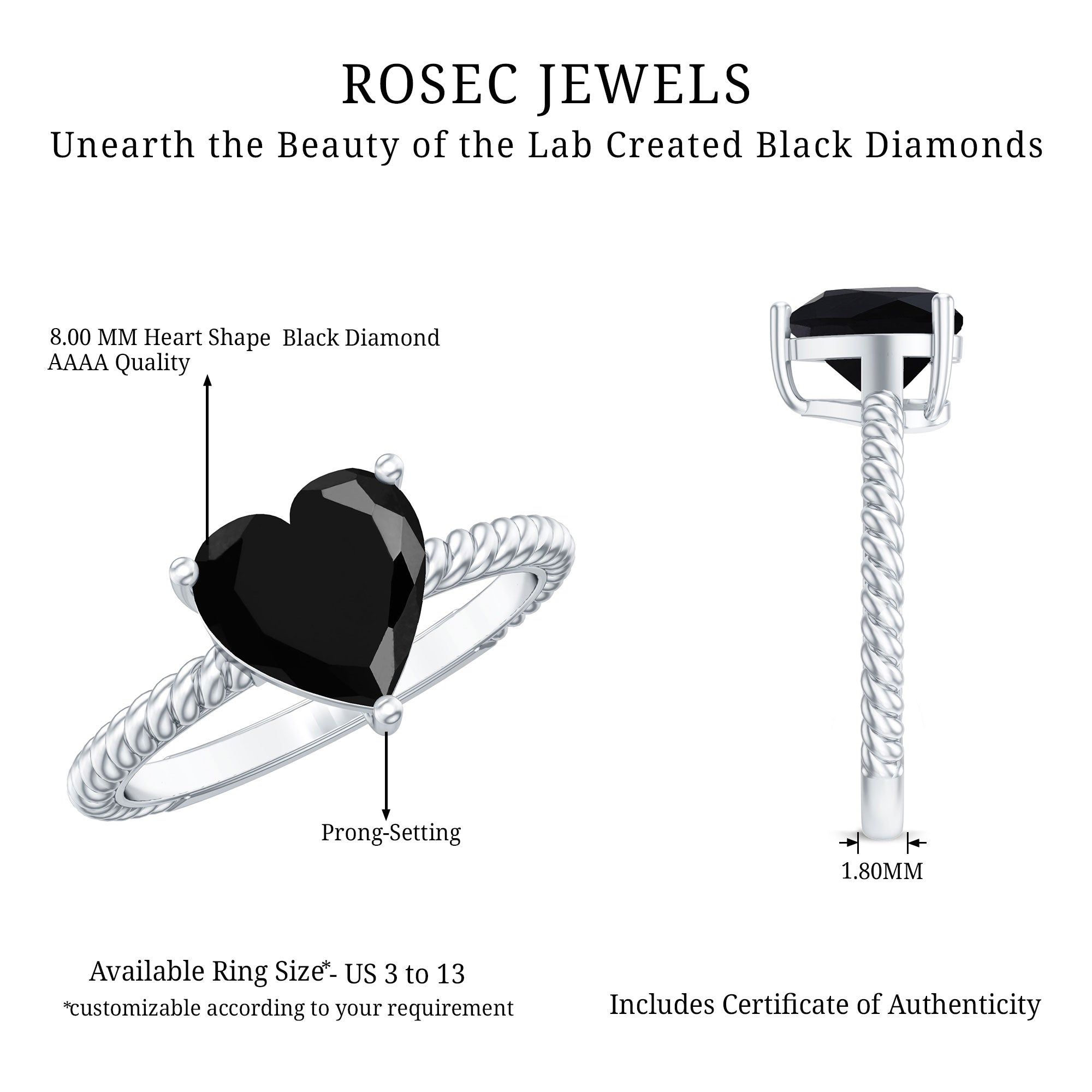 2.4 Carat Lab Grown Black Diamond Heart Engagement Ring for Women