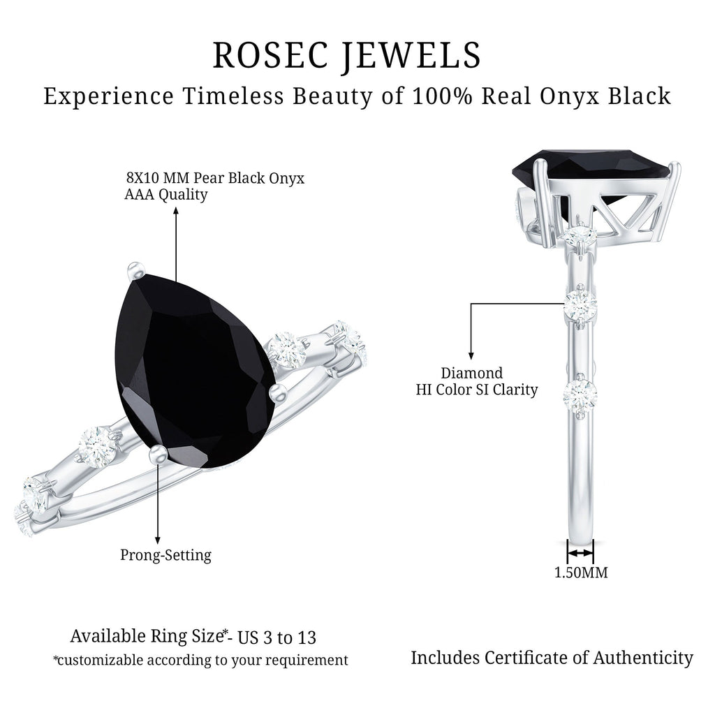 Pear Shape Black Onyx Solitaire Engagement Ring with Diamond