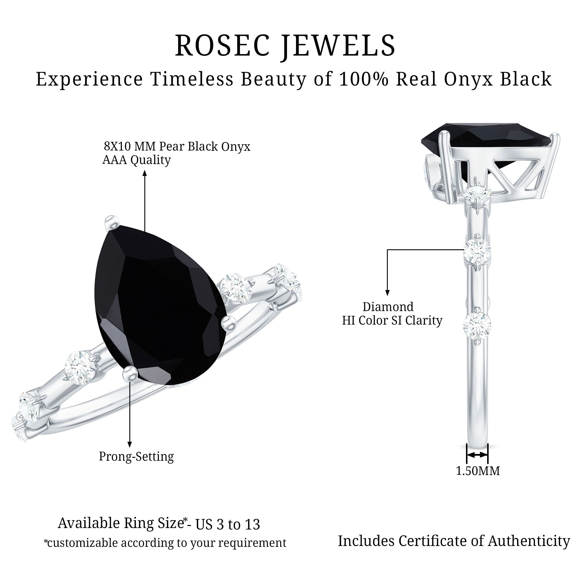 Pear Shape Black Onyx Solitaire Engagement Ring with Diamond