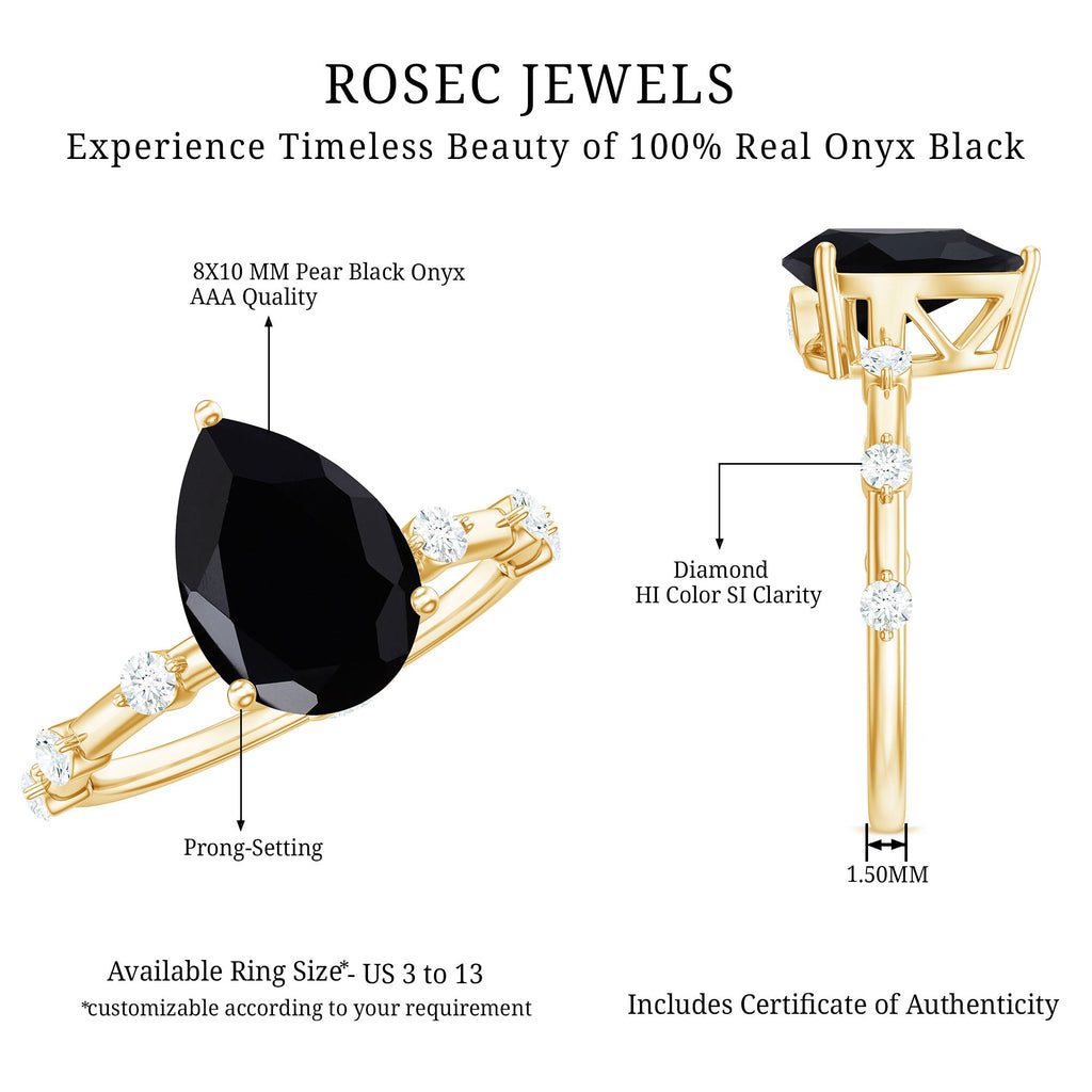 Pear Shape Black Onyx Solitaire Engagement Ring with Diamond