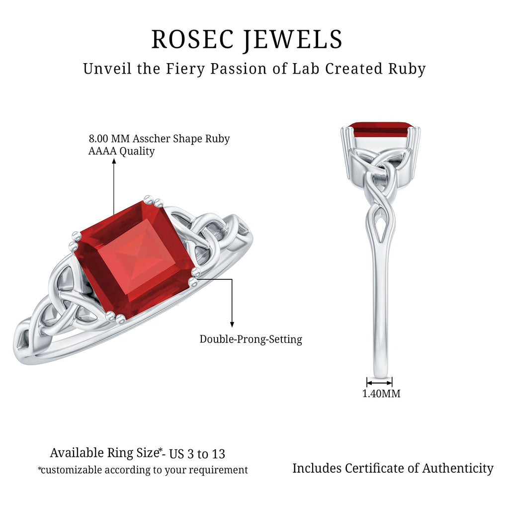 Certified 4.8 Carat Lab Grown Ruby Asscher Cut Engagement Ring with Celtic Knot