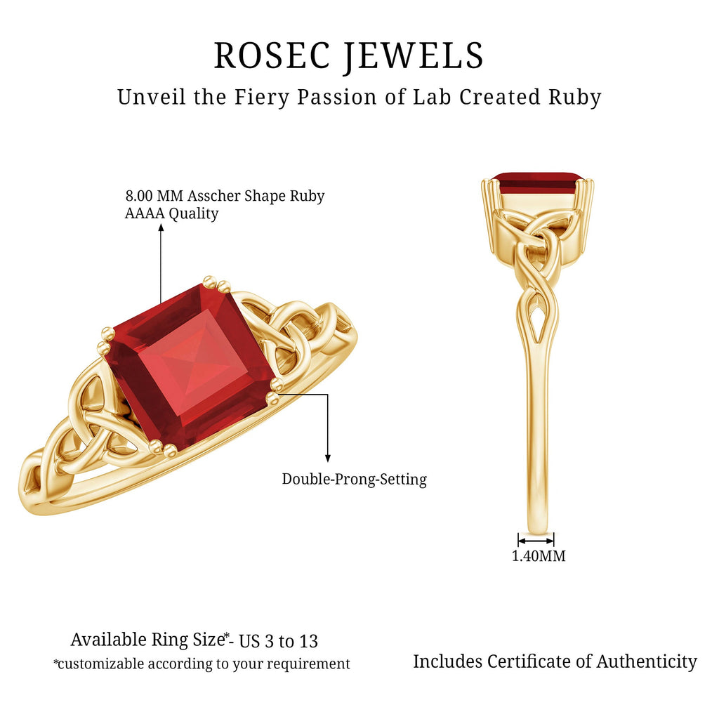 Certified 4.8 Carat Lab Grown Ruby Asscher Cut Engagement Ring with Celtic Knot