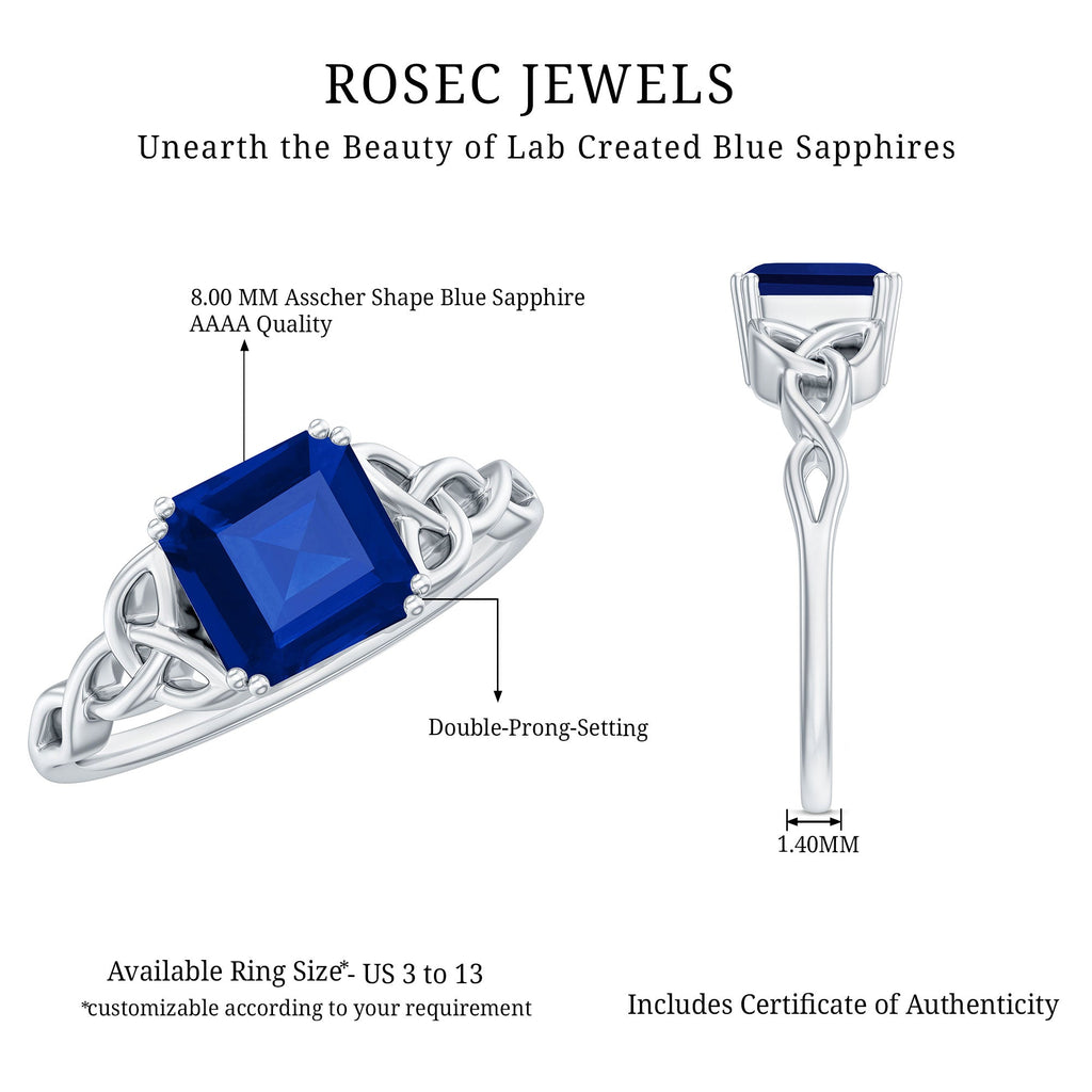 Certified 4.8 Carat Asscher Cut Lab Created Blue Sapphire Celtic Knot Engagement Ring