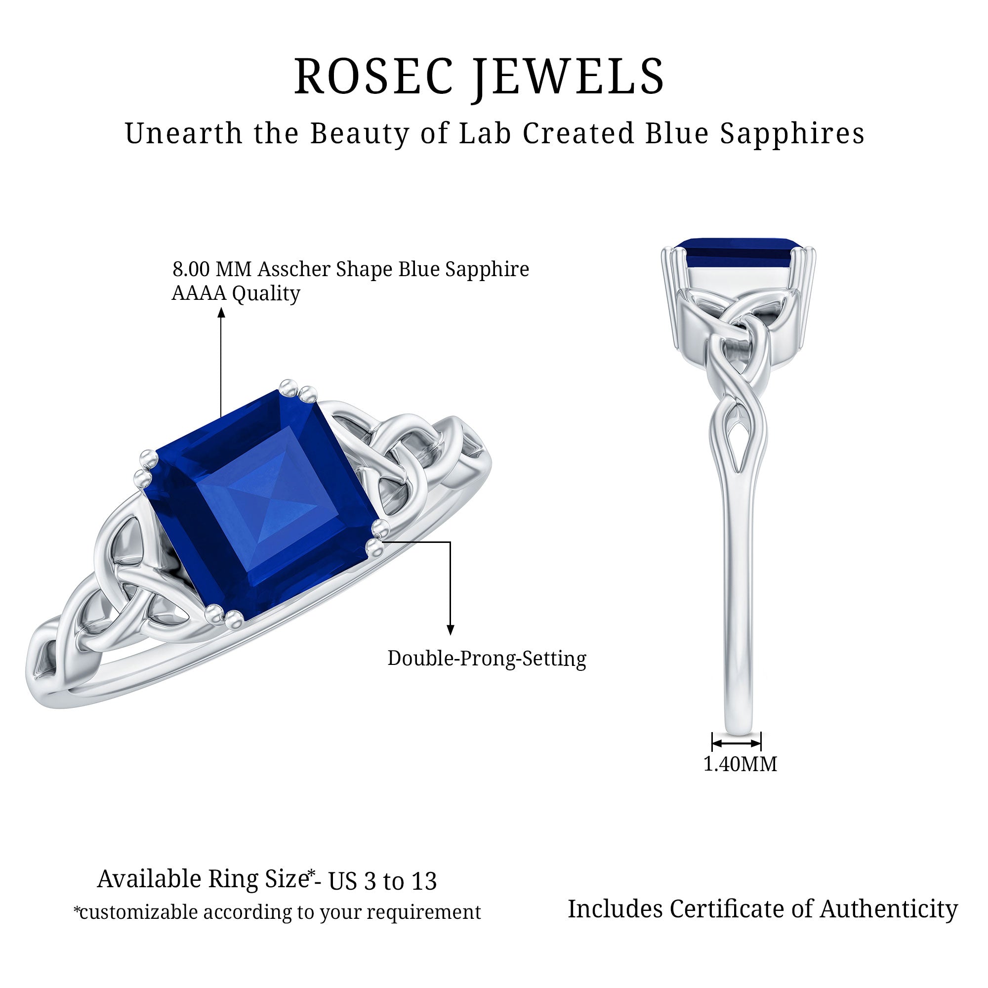 Certified 4.8 Carat Asscher Cut Lab Created Blue Sapphire Celtic Knot Engagement Ring