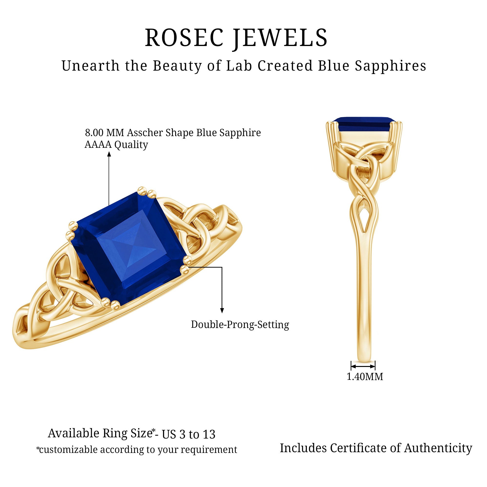 Certified 4.8 Carat Asscher Cut Lab Created Blue Sapphire Celtic Knot Engagement Ring