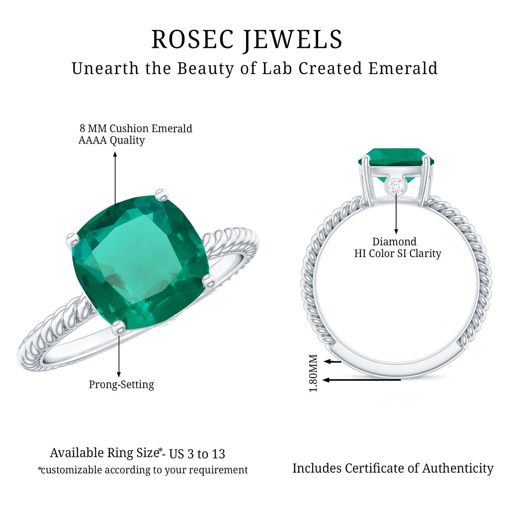 Certified 8 mm Cushion Cut Lab Grown Emerald Ring for Engagement