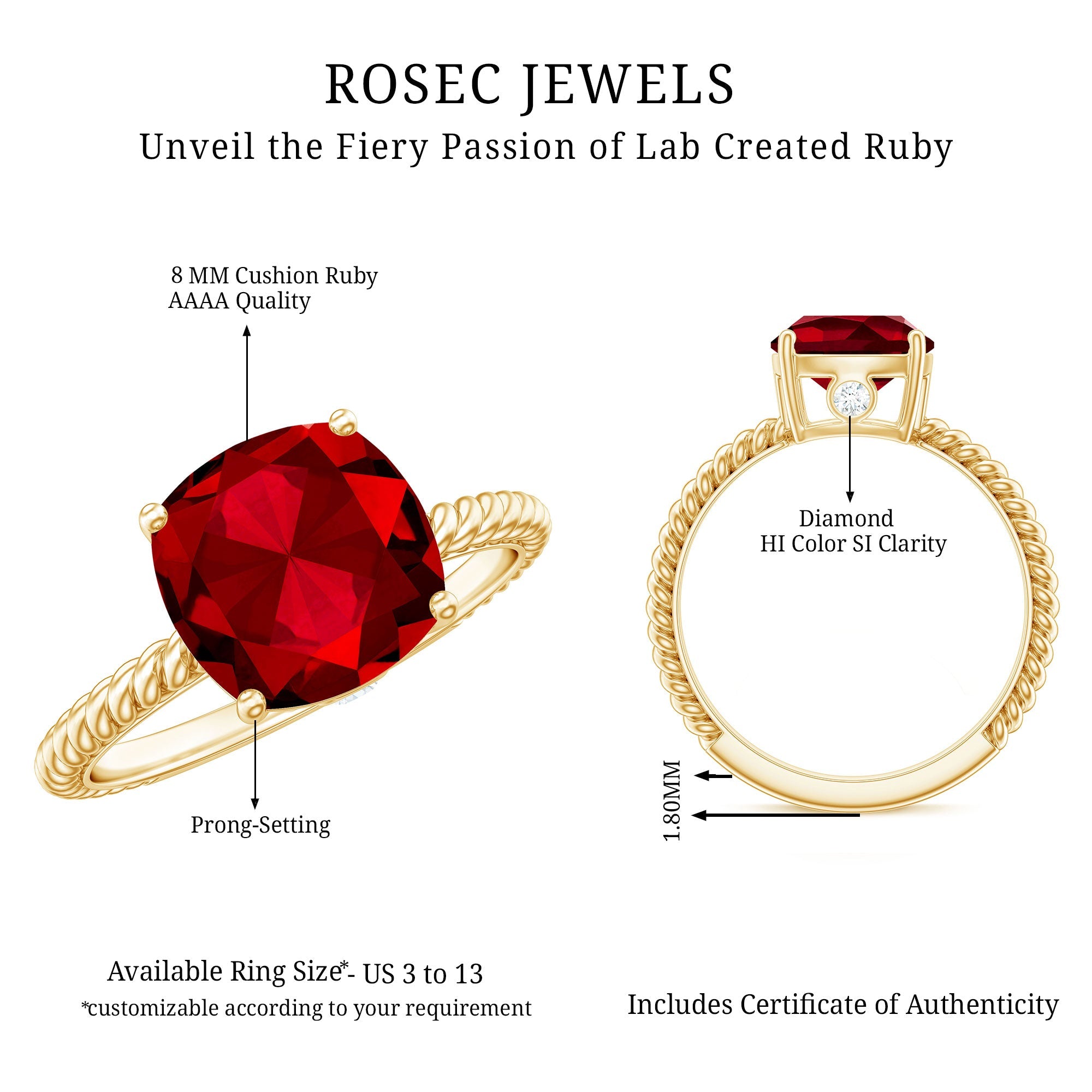 Certified 2 Carat Lab Grown Ruby Cushion Cut Engagement Ring with Surprise Diamond