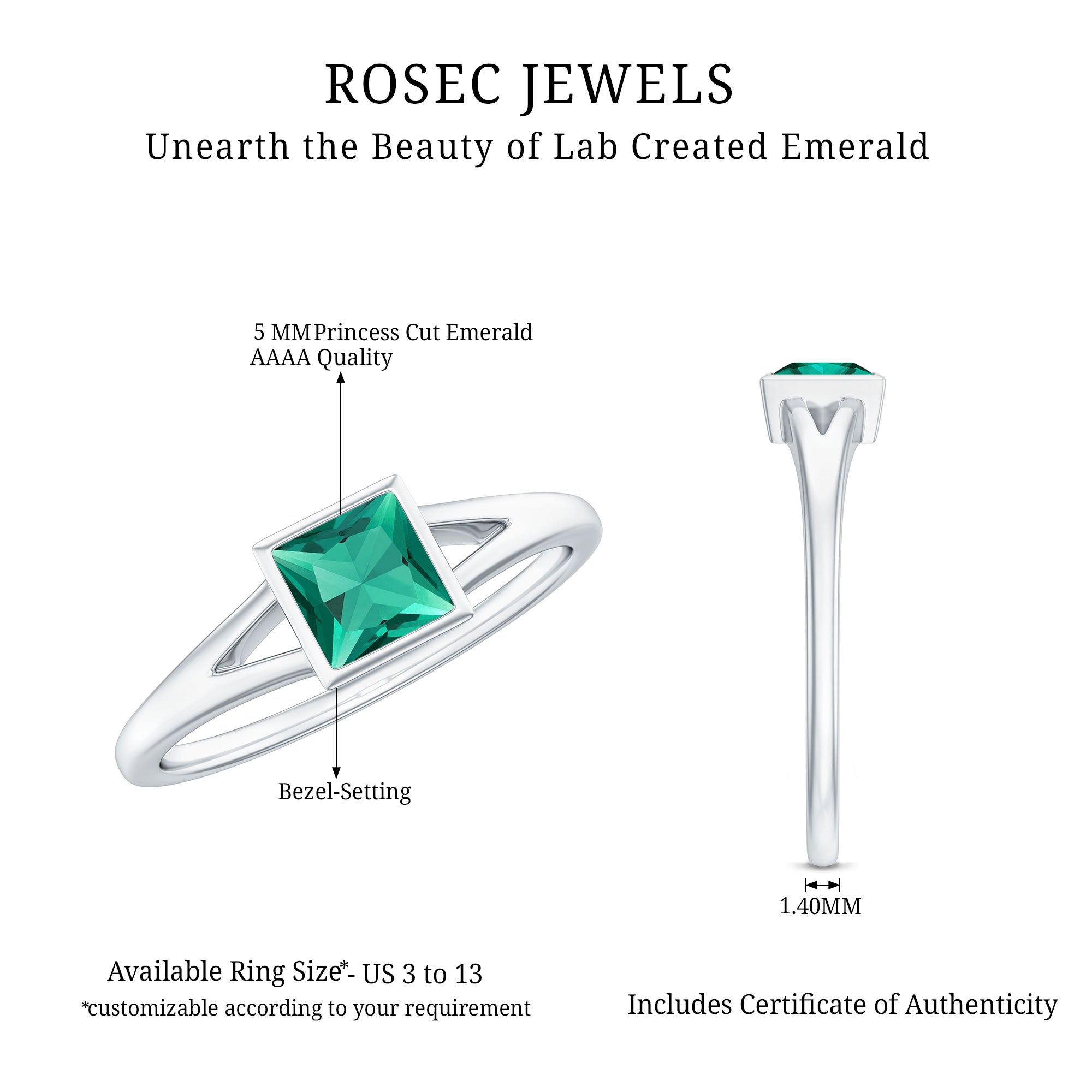 5mm Princess Cut Lab Grown Emerald Solitaire Ring with Split Shank