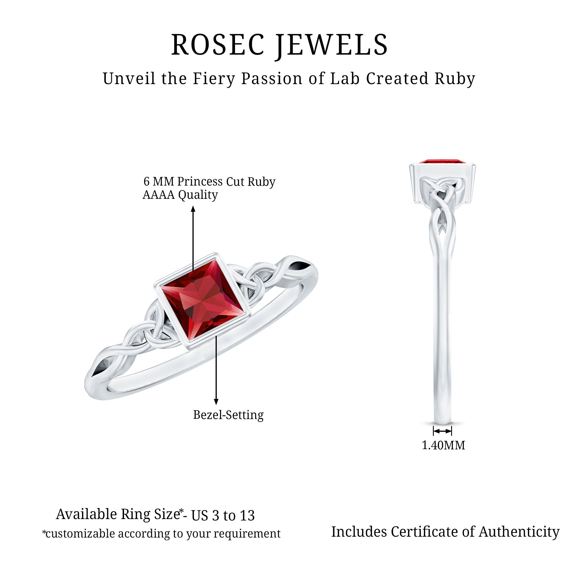 Certified 1.5 Carat Lab Grown Ruby Princess Cut Promise Ring with Celtic Knot