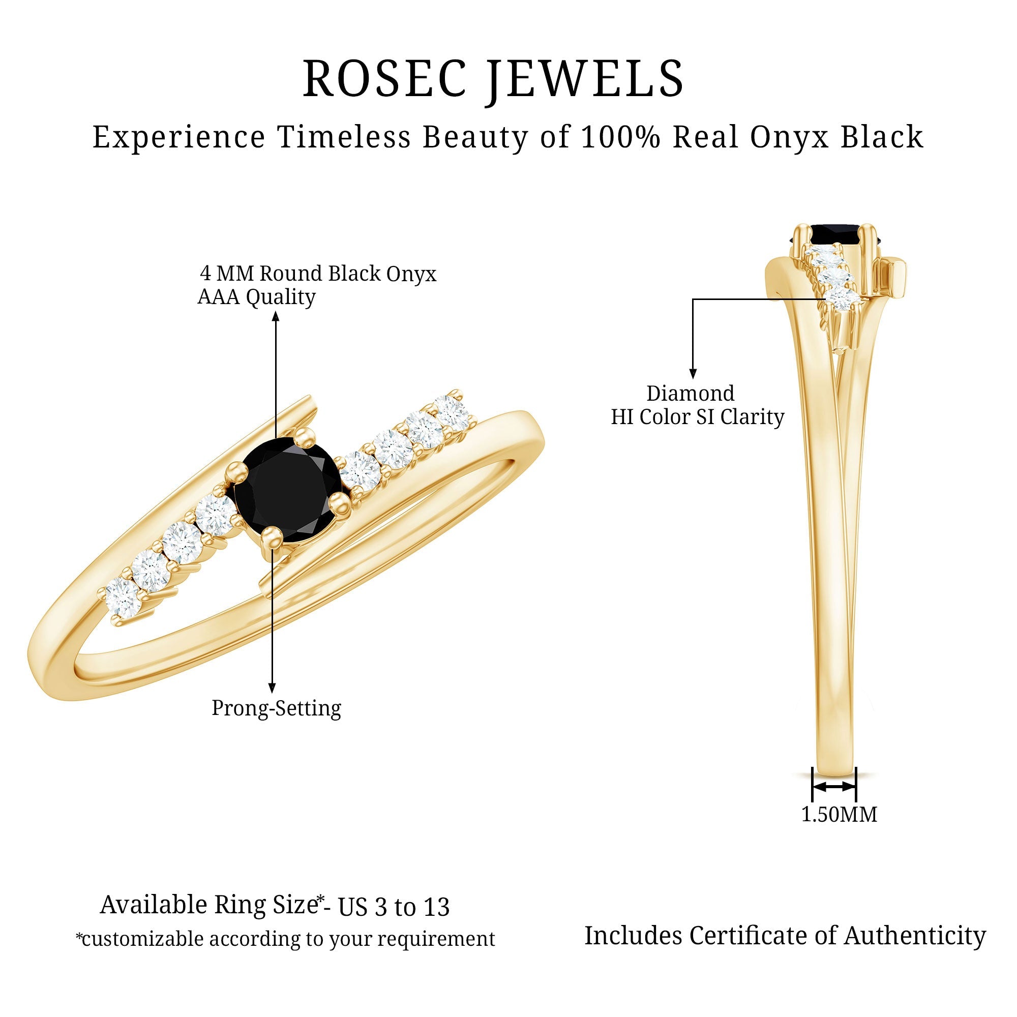 4mm Round Black Onyx Minimal Promise Ring with Diamond