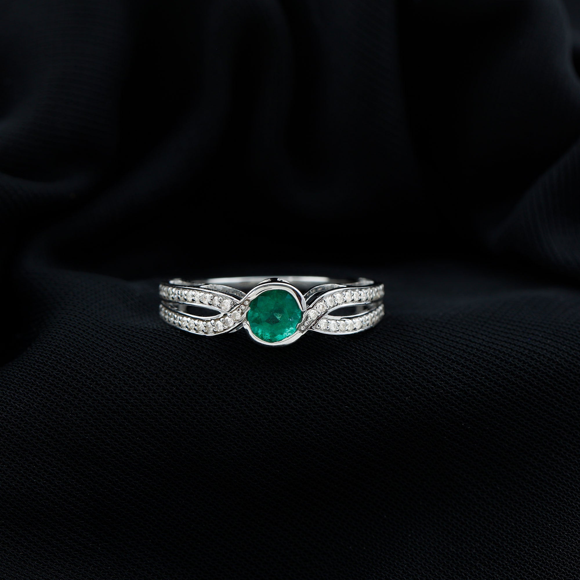 Round Cut Genuine Emerald and Diamond Designer Engagement Ring
