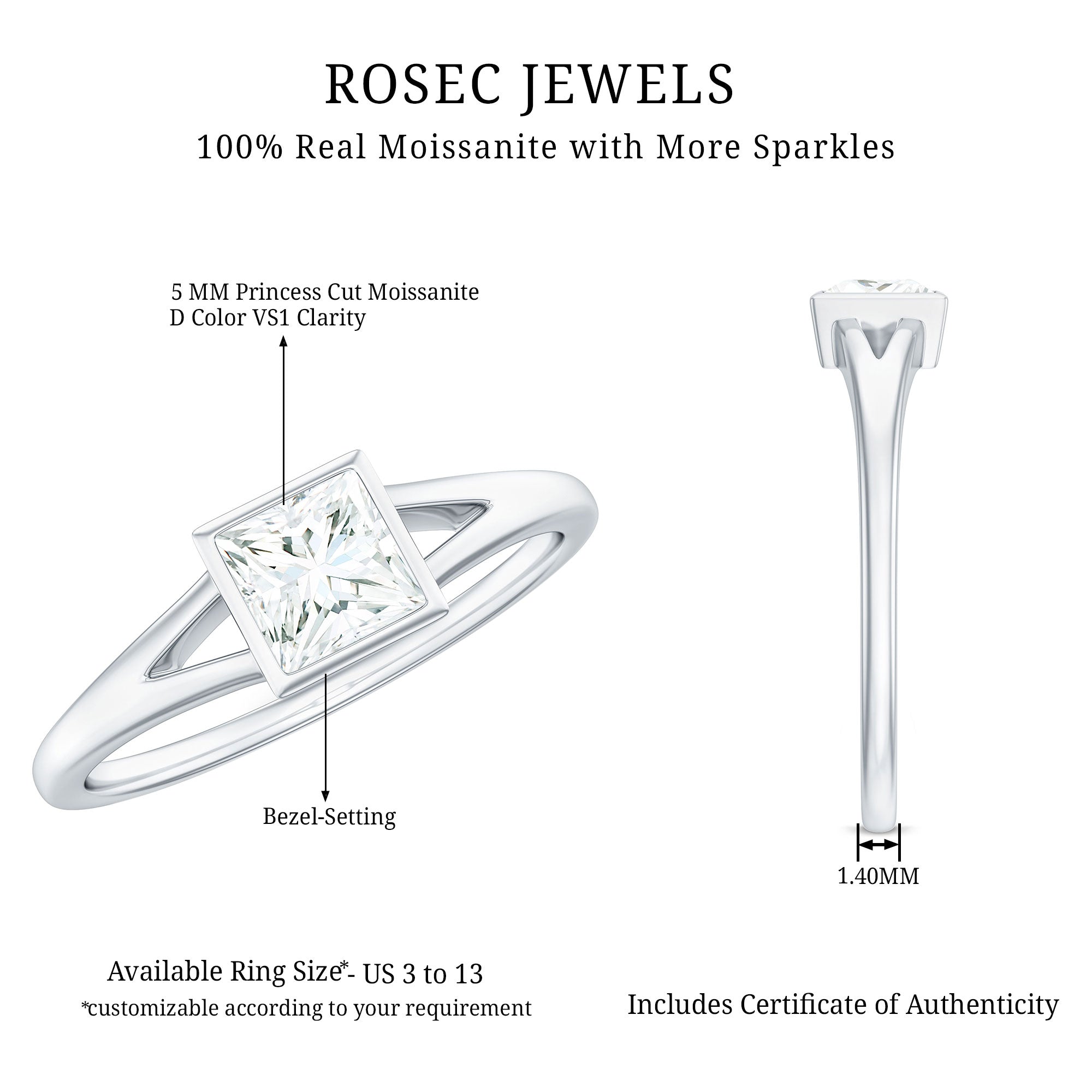 Bezel Set Princess Cut Moissanite Solitaire Promise Ring in Split Shank