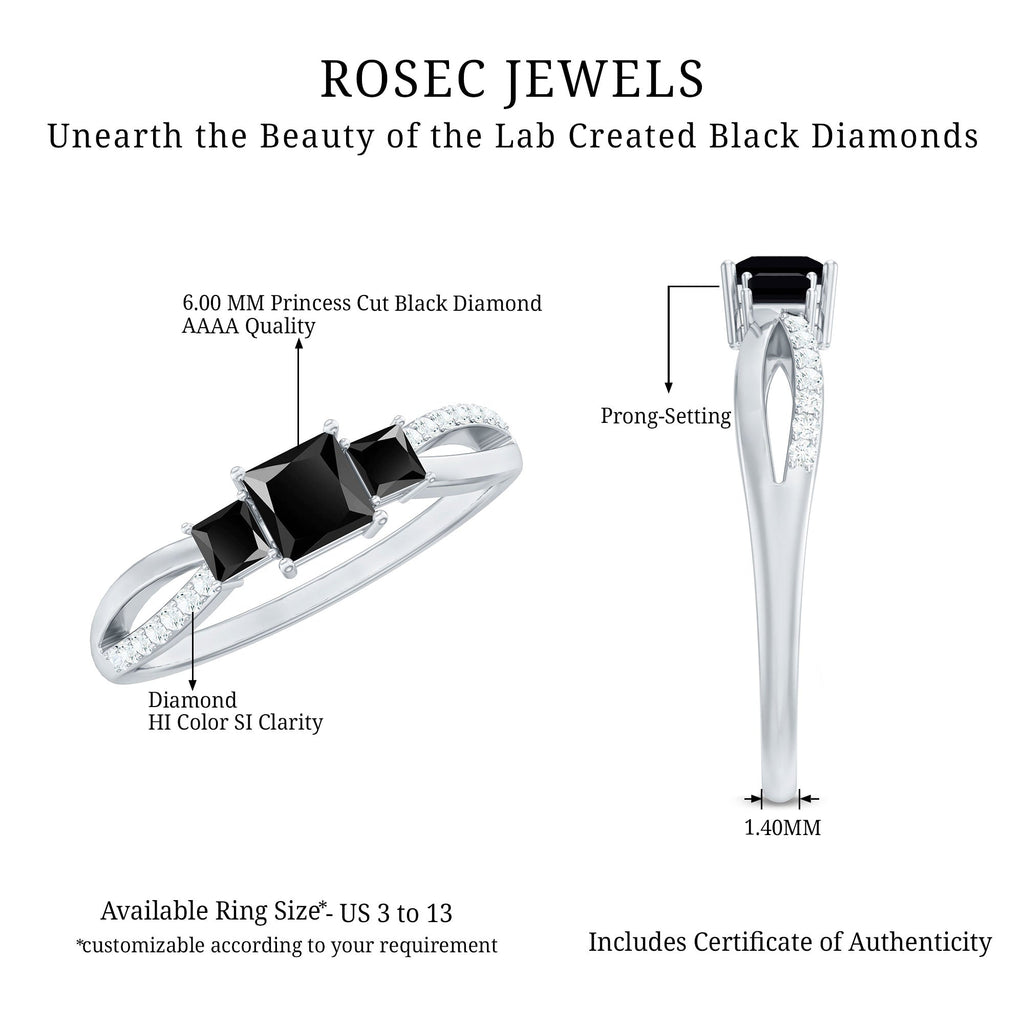 Certified Lab Grown Black Diamond 3 Stone Engagement Ring with White Diamond