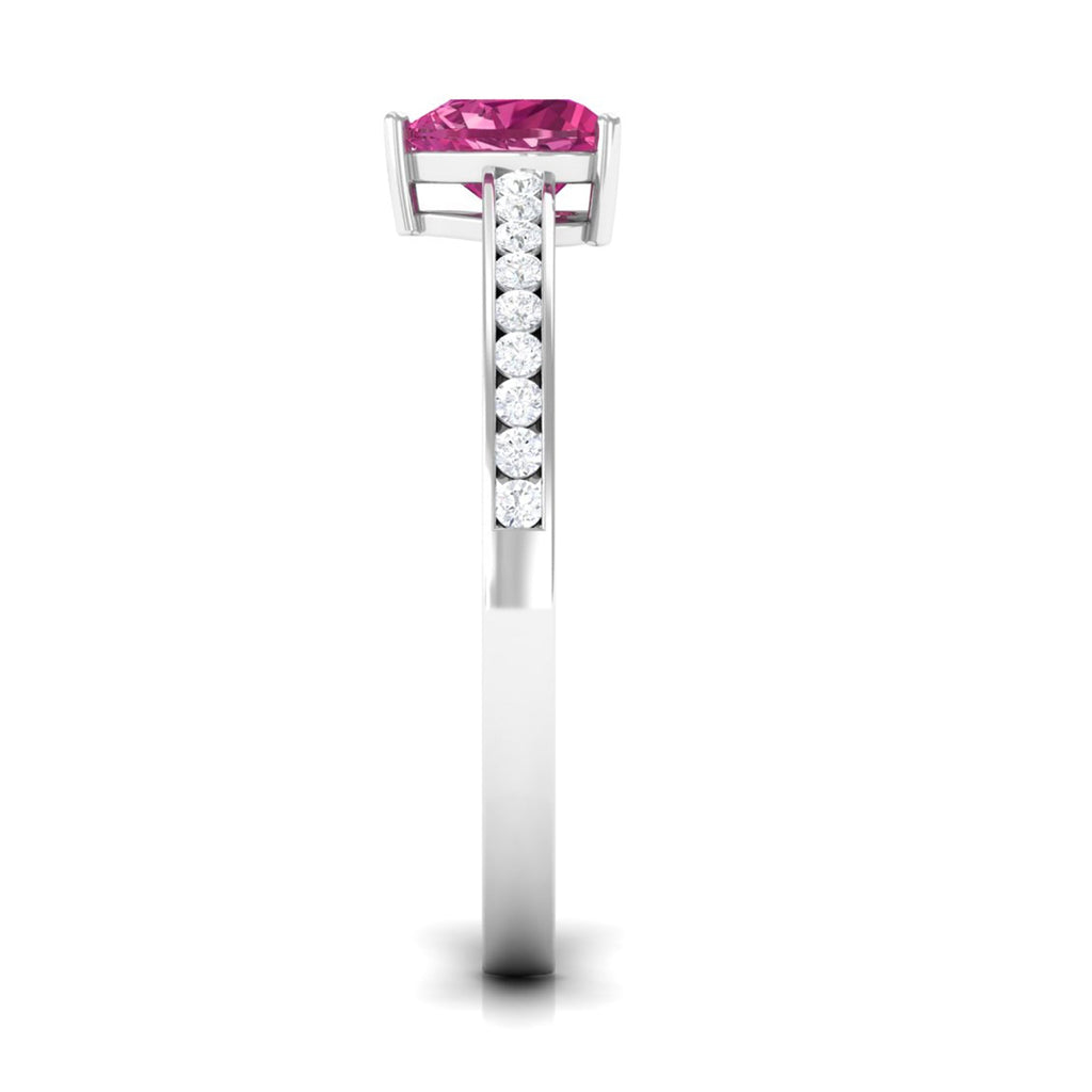 1 CT Heart Shape Pink Tourmaline Solitaire Ring with Diamond Side Stones