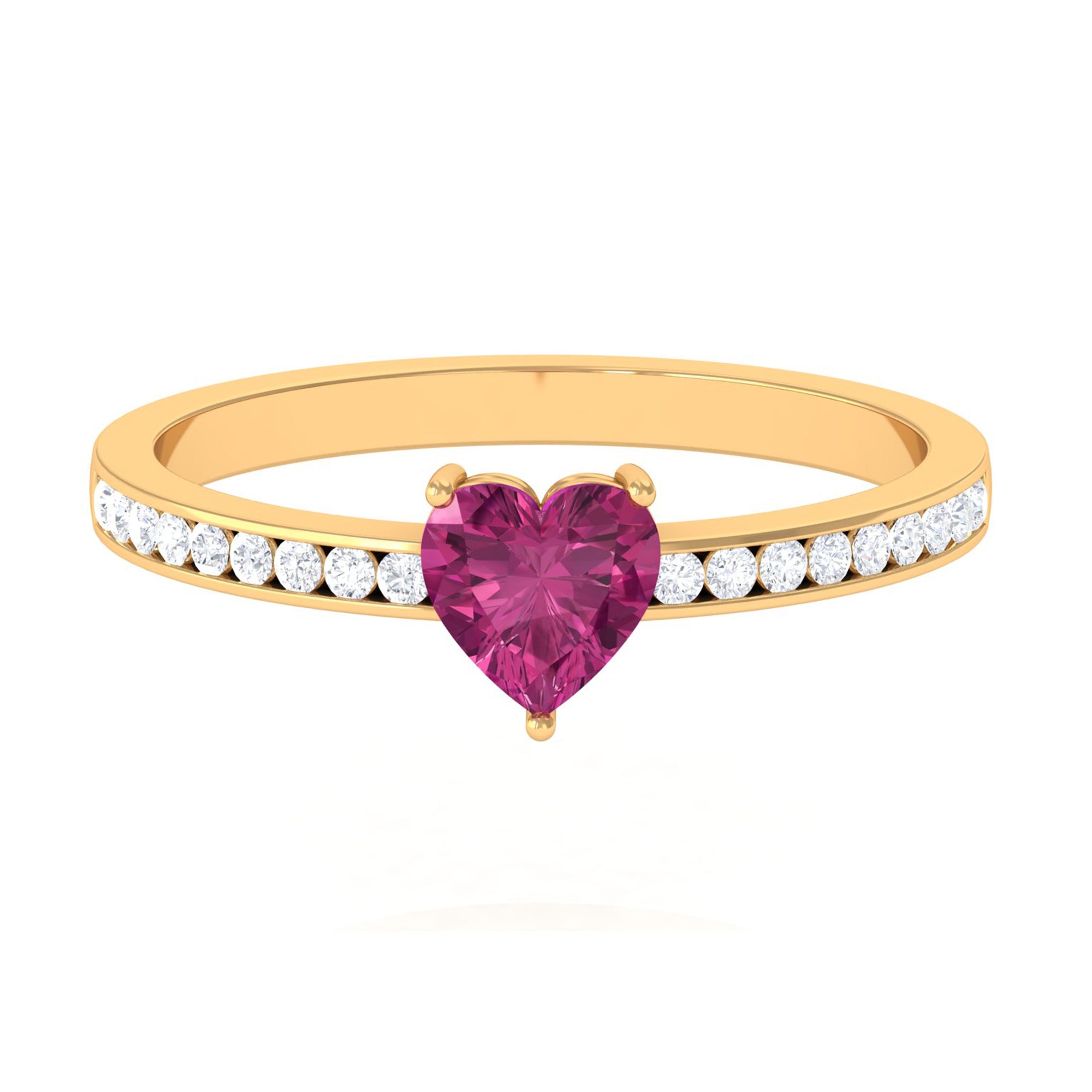 1 CT Heart Shape Pink Tourmaline Solitaire Ring with Diamond Side Stones