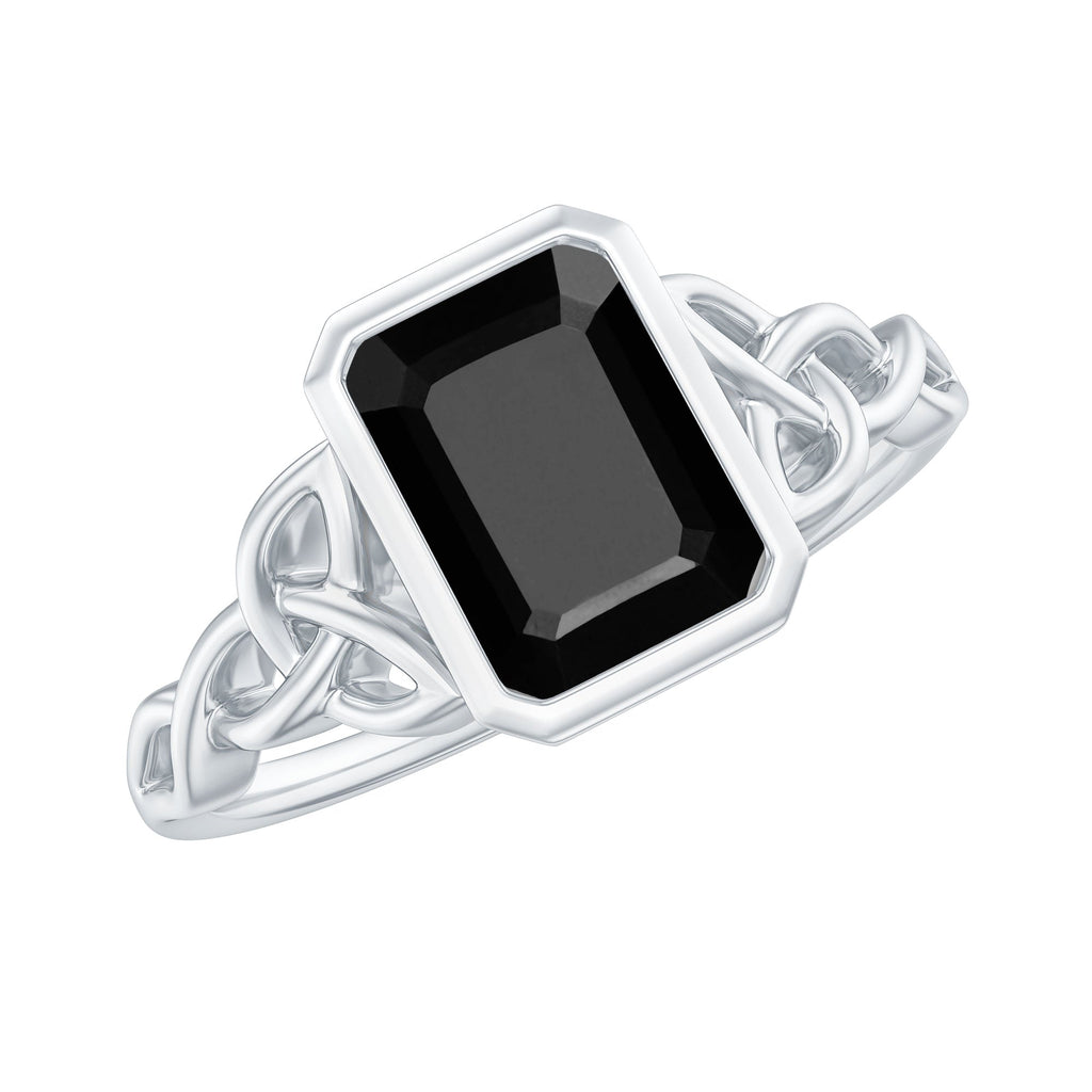 Emerald Cut Black Onyx Bezel Set Engagement Ring with Surprise Diamond