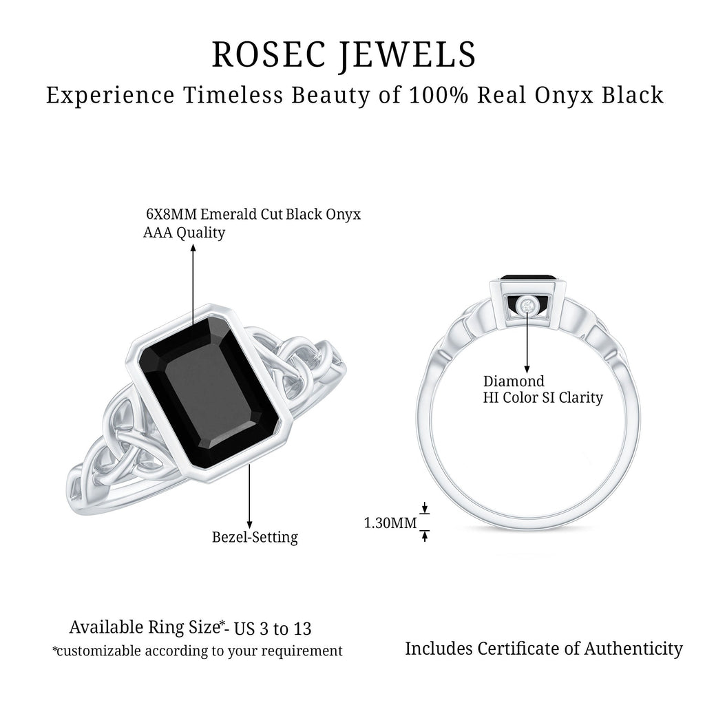 Emerald Cut Black Onyx Bezel Set Engagement Ring with Surprise Diamond
