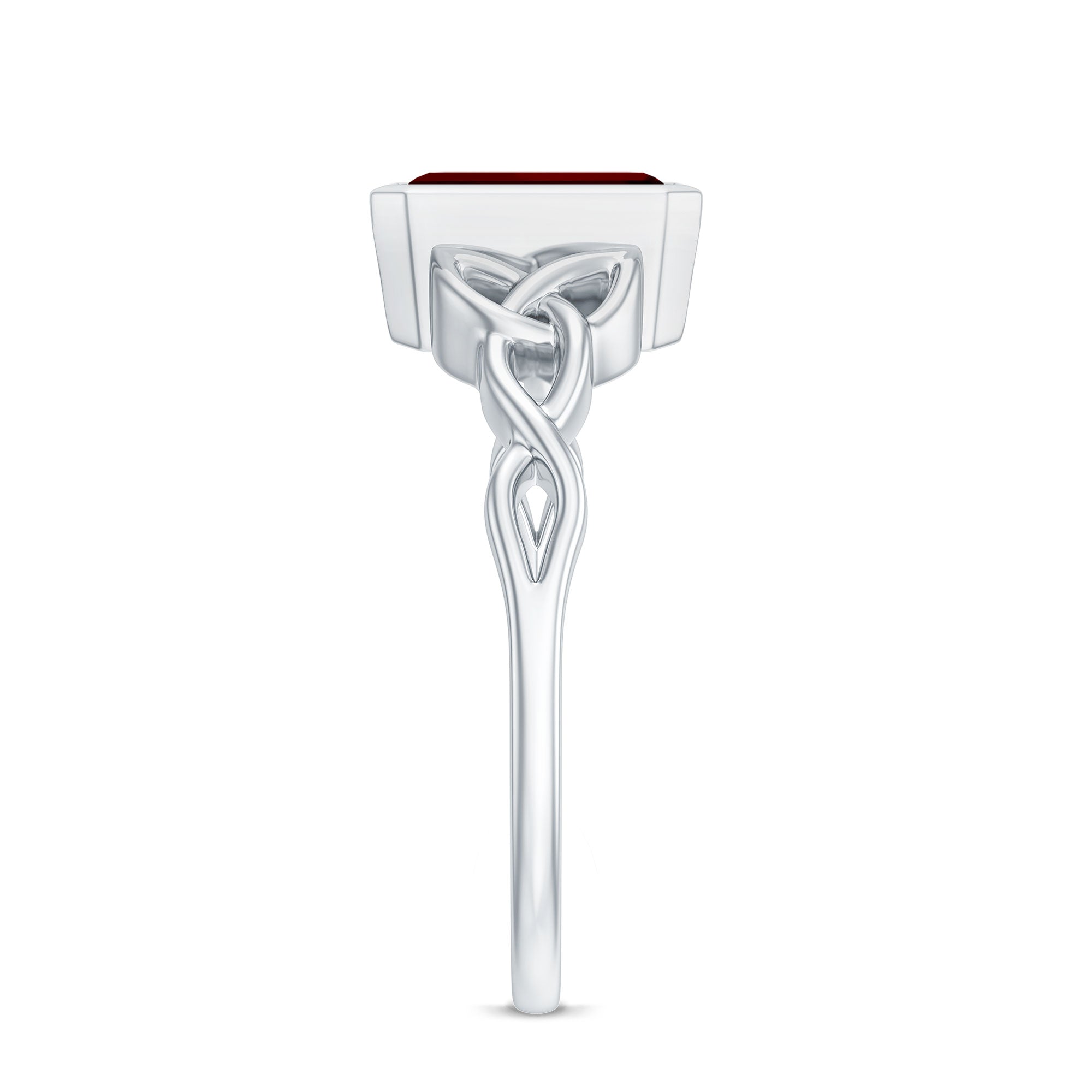 Bezel Set Emerald Cut Lab Created Ruby Celtic Engagement Ring