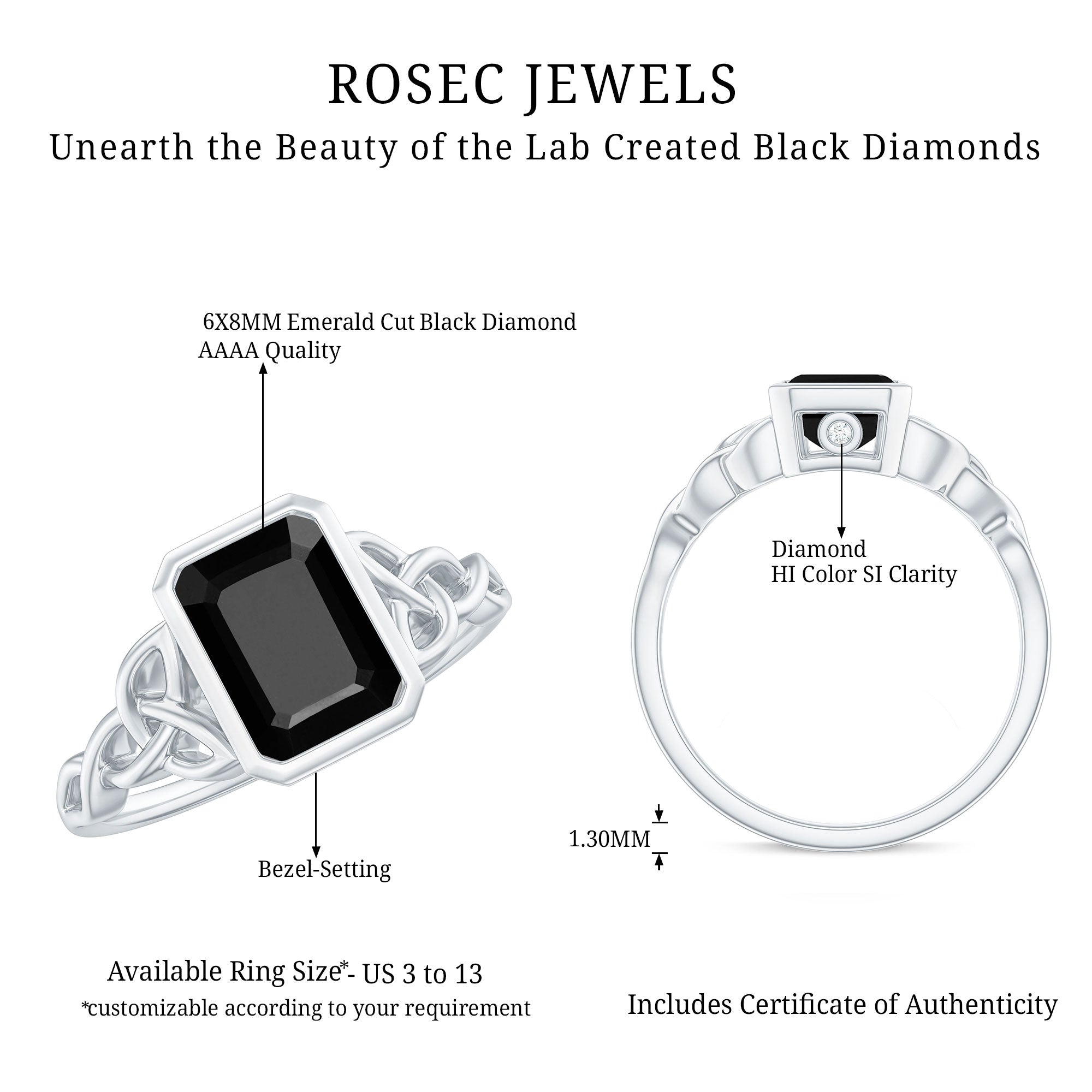 1.6 Carat Lab Grown Black Diamond Celtic Knot Engagement Ring with Surprise White Diamond