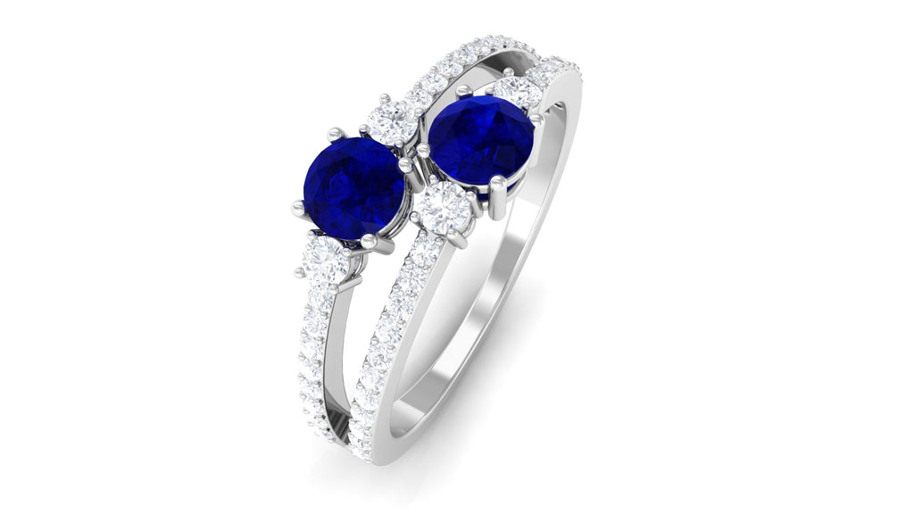 Real Blue Sapphire Two Stone Anniversary Ring with Diamond