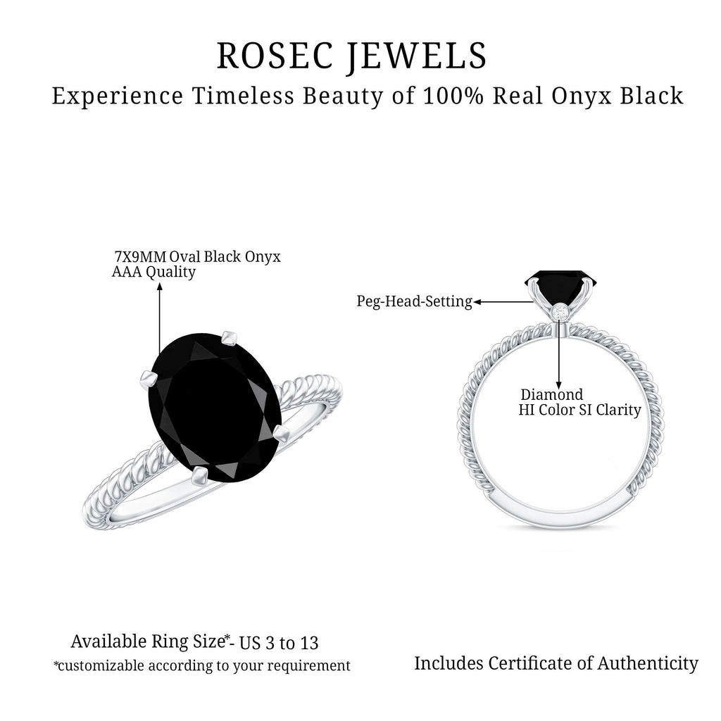 7X9mm Oval Cut Black Onyx Solitaire Engagement Ring with Diamond