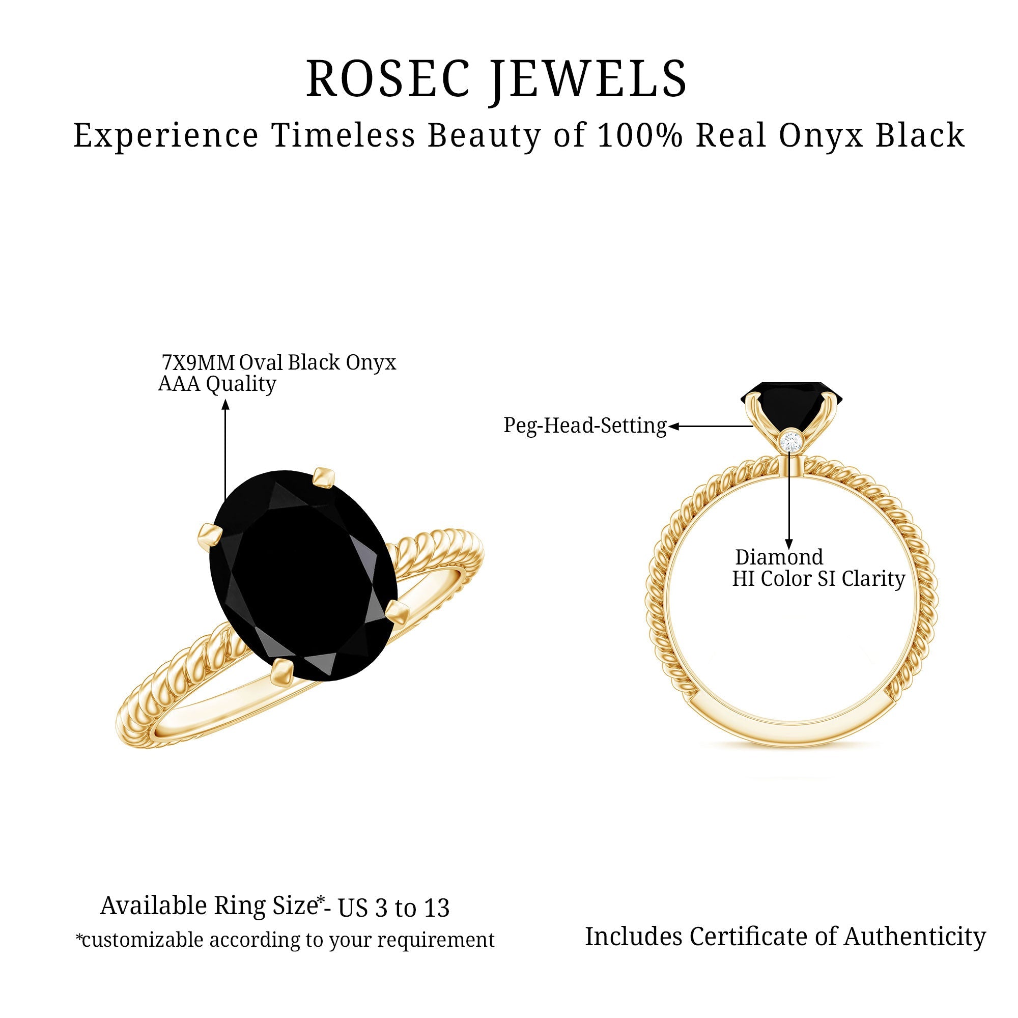 7X9mm Oval Cut Black Onyx Solitaire Engagement Ring with Diamond