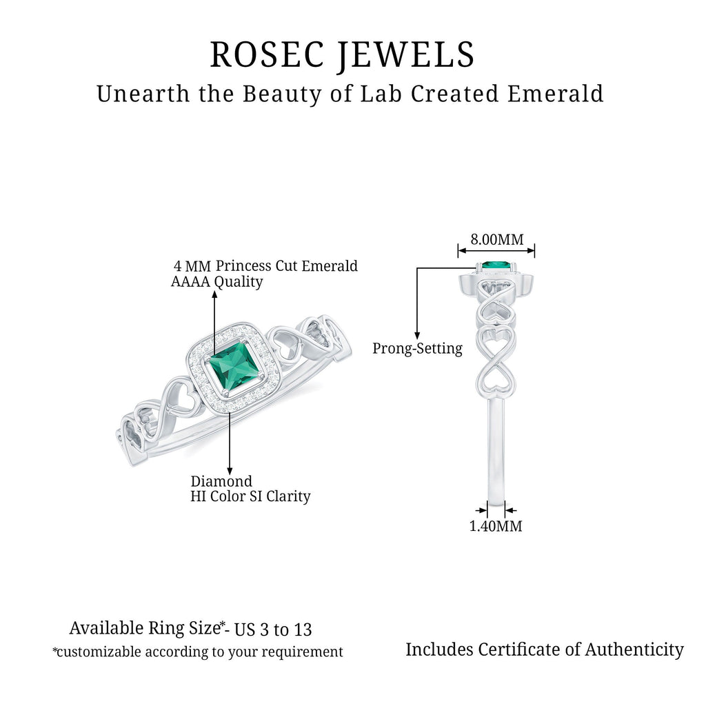 Lab Grown Emerald Princess Cut Promise Ring with Diamond Halo