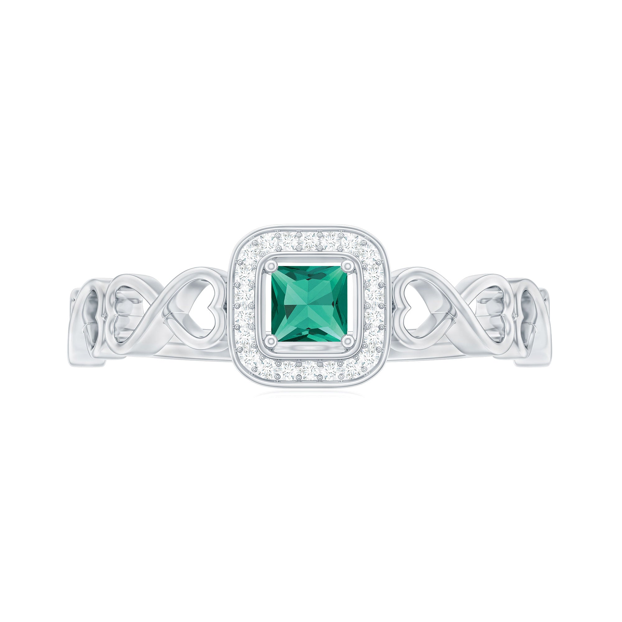 Lab Grown Emerald Princess Cut Promise Ring with Diamond Halo
