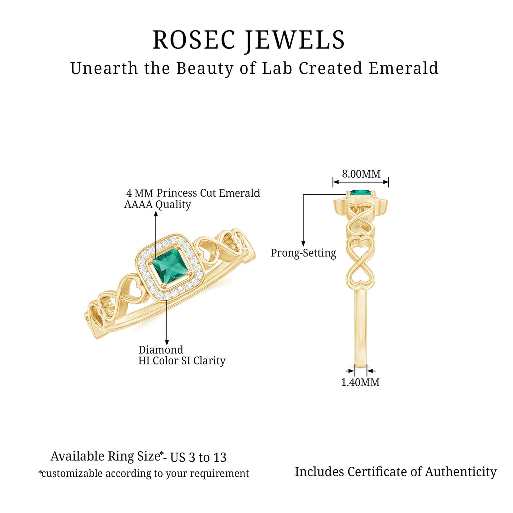 Lab Grown Emerald Princess Cut Promise Ring with Diamond Halo