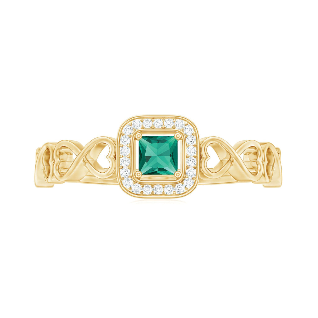 Lab Grown Emerald Princess Cut Promise Ring with Diamond Halo