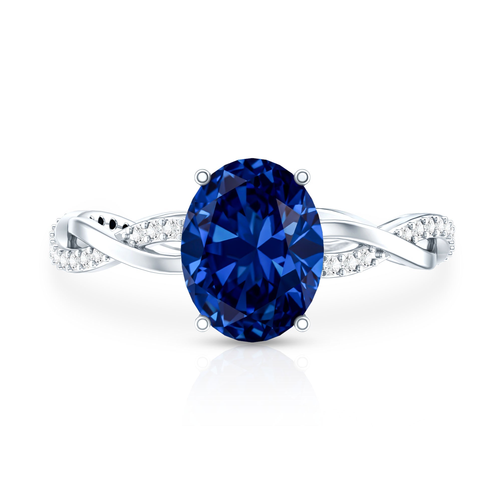 Certified 4 Carat Lab Grown Blue Sapphire Oval Engagement Ring with Diamond Braided Shank