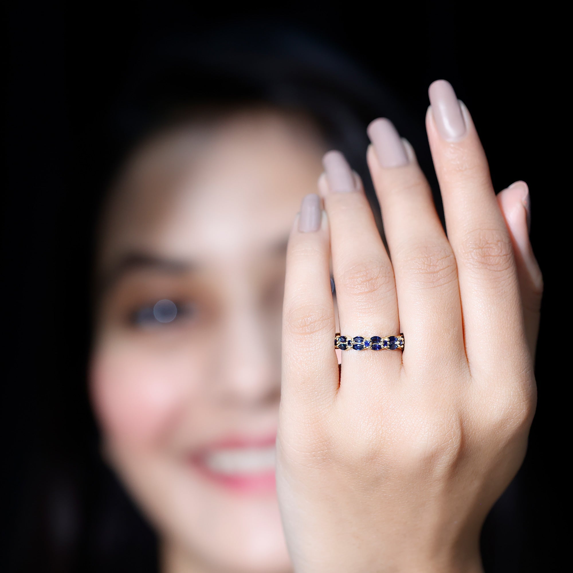 Contemporary Marquise and Round Blue Sapphire Full Eternity Ring