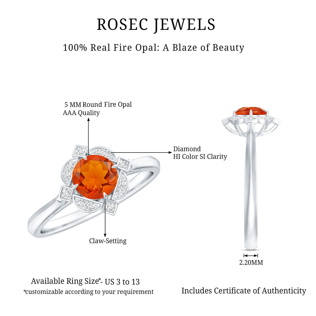 1/2 CT Vintage Fire Opal and Diamond Engagement Ring