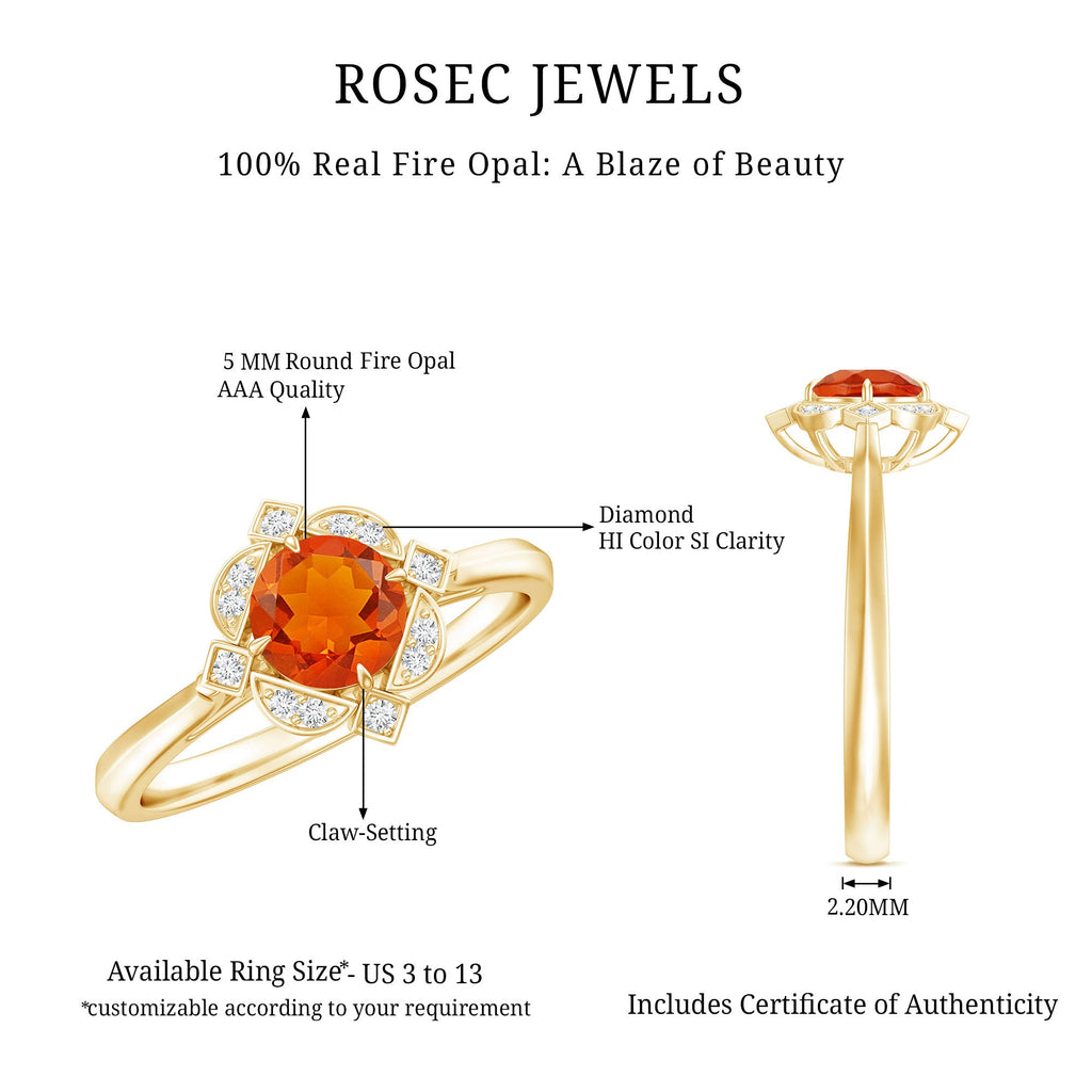 1/2 CT Vintage Fire Opal and Diamond Engagement Ring