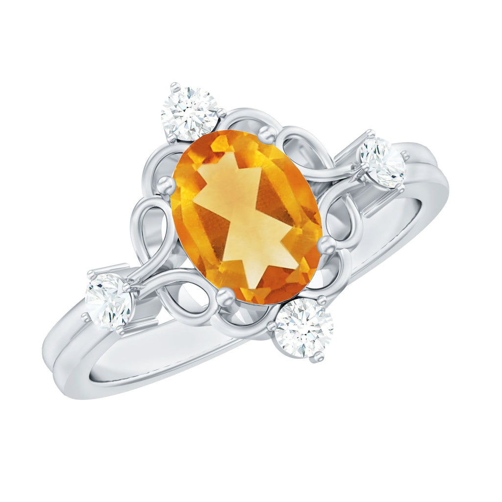 Vintage Style 6X8mm Citrine Oval Engagement Ring with Diamond