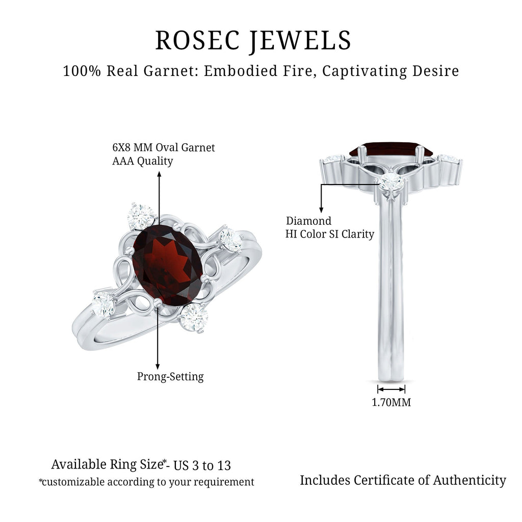 Vintage looking 6X8mm Oval Garnet Engagement Ring with Diamond