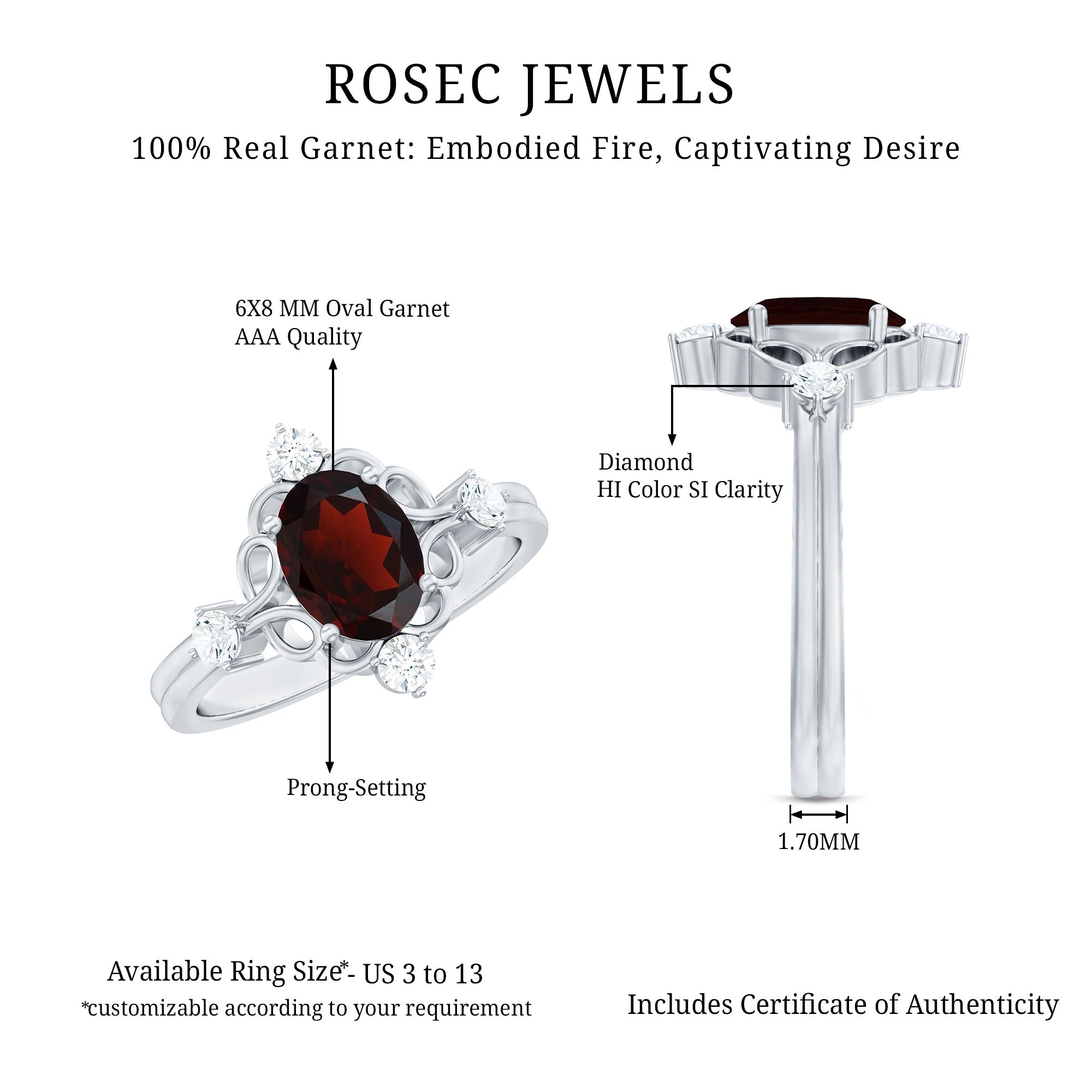 Vintage looking 6X8mm Oval Garnet Engagement Ring with Diamond