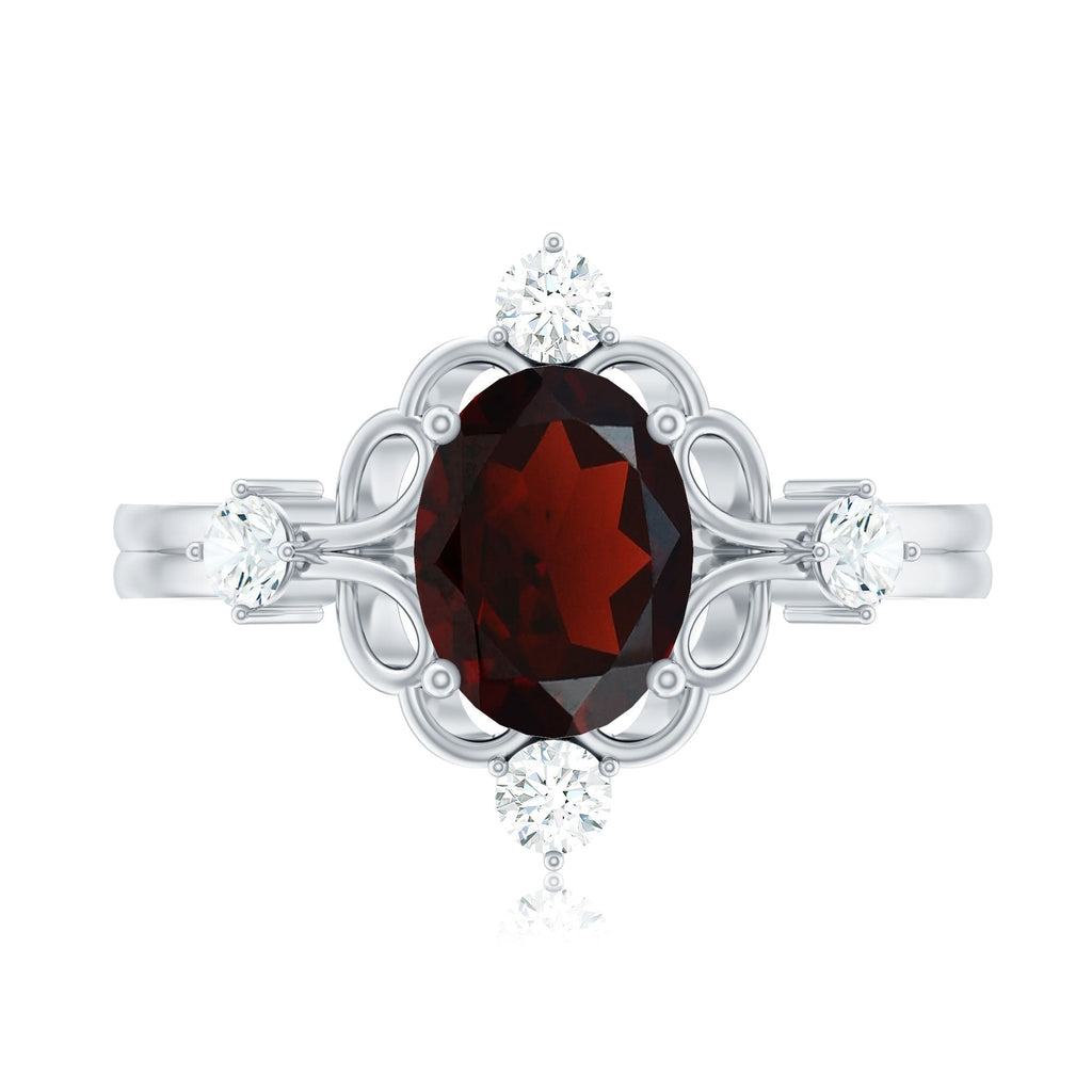 Vintage looking 6X8mm Oval Garnet Engagement Ring with Diamond