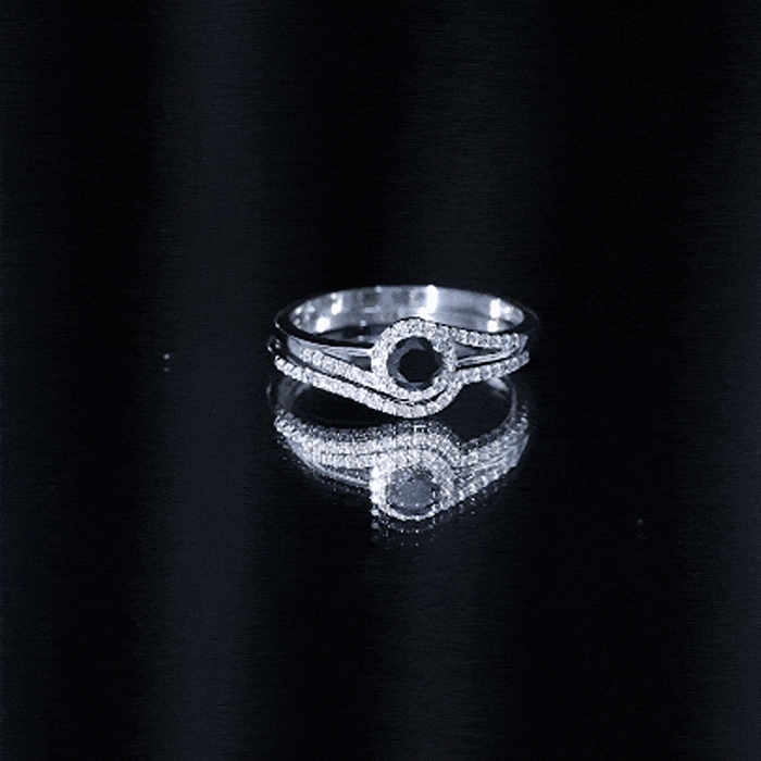 Black Onyx Minimal Wedding Rings Set with Diamond Curved Band