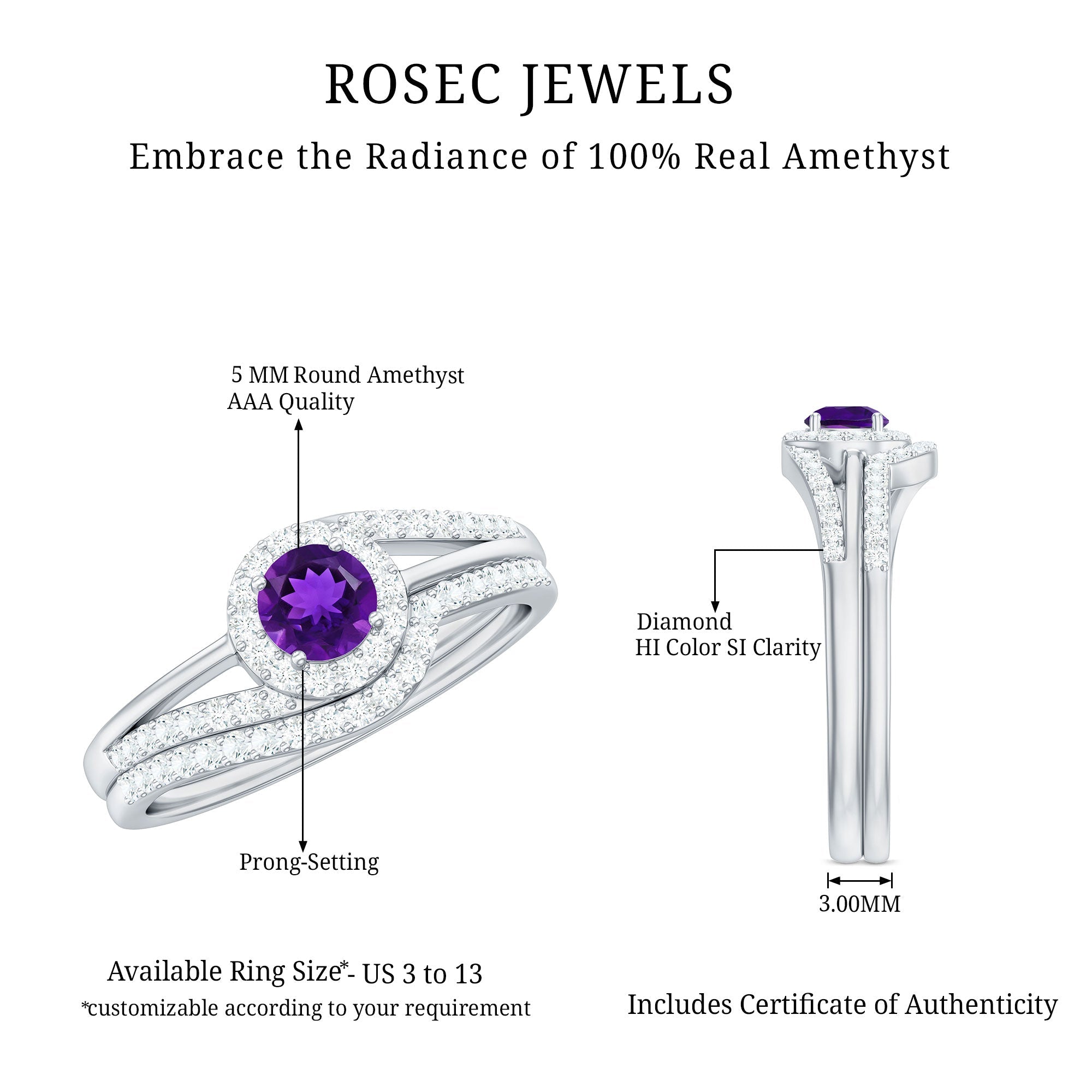 Natural Amethyst Diamond Wedding Bridal Ring Set of 2
