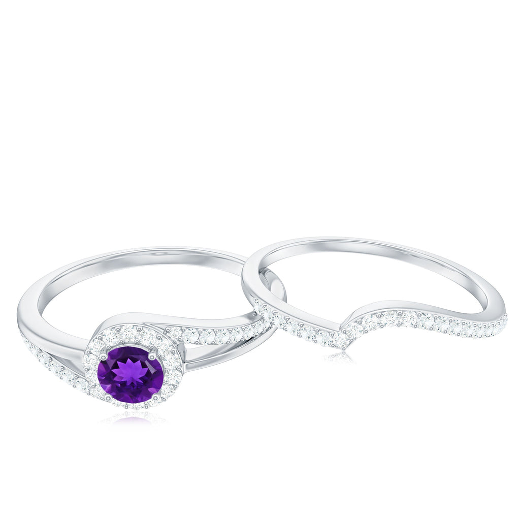 Natural Amethyst Diamond Wedding Bridal Ring Set of 2