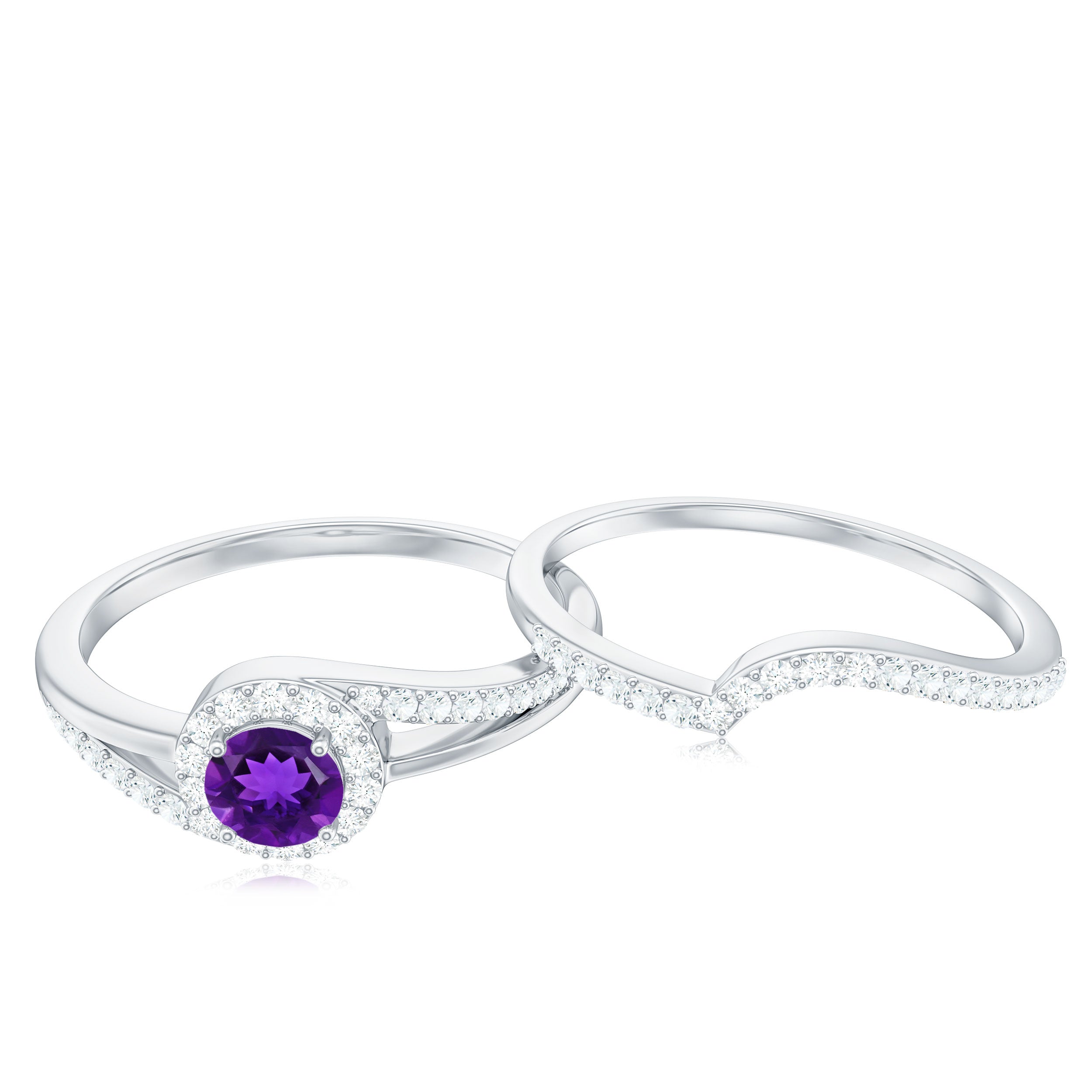 Natural Amethyst Diamond Wedding Bridal Ring Set of 2