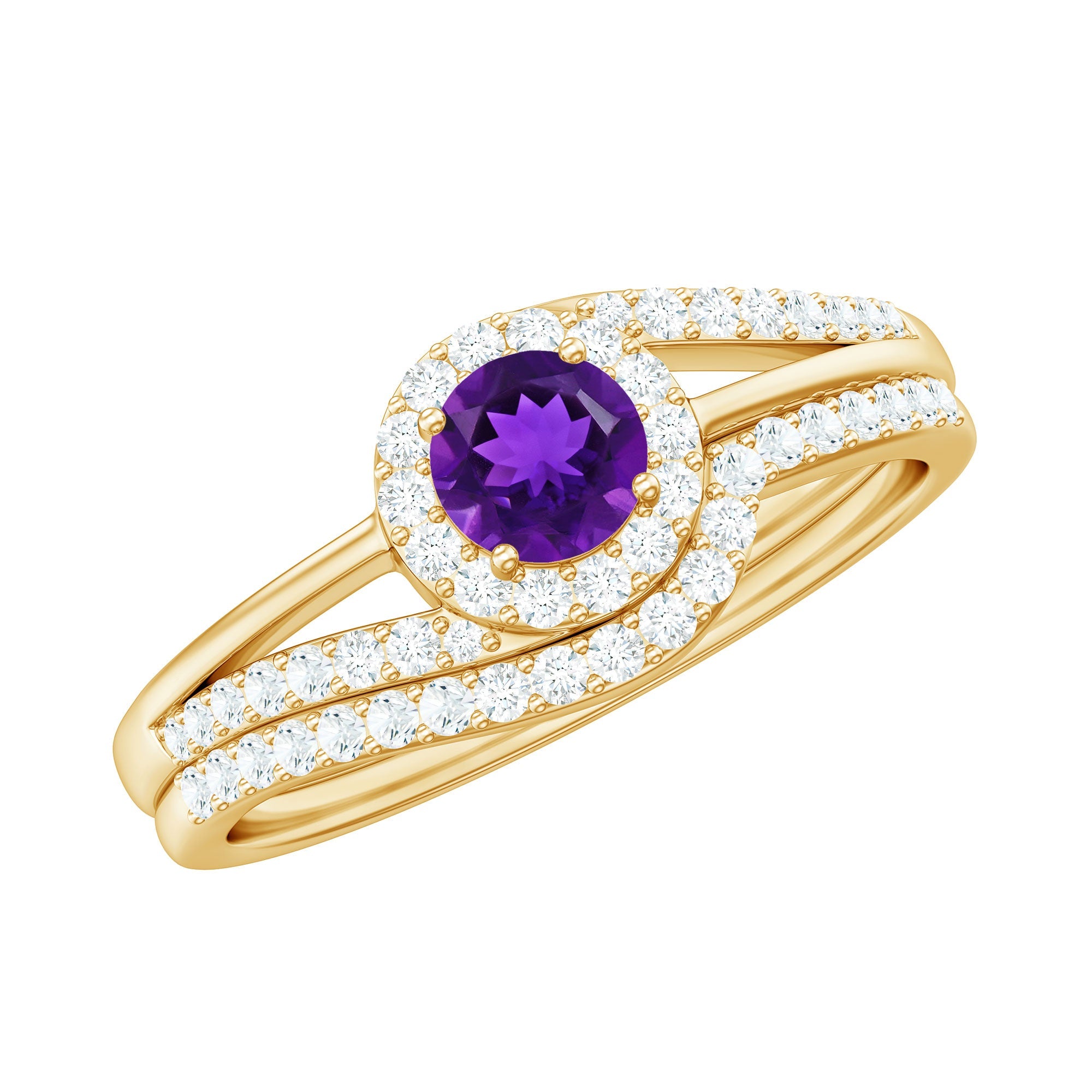 Natural Amethyst Diamond Wedding Bridal Ring Set of 2