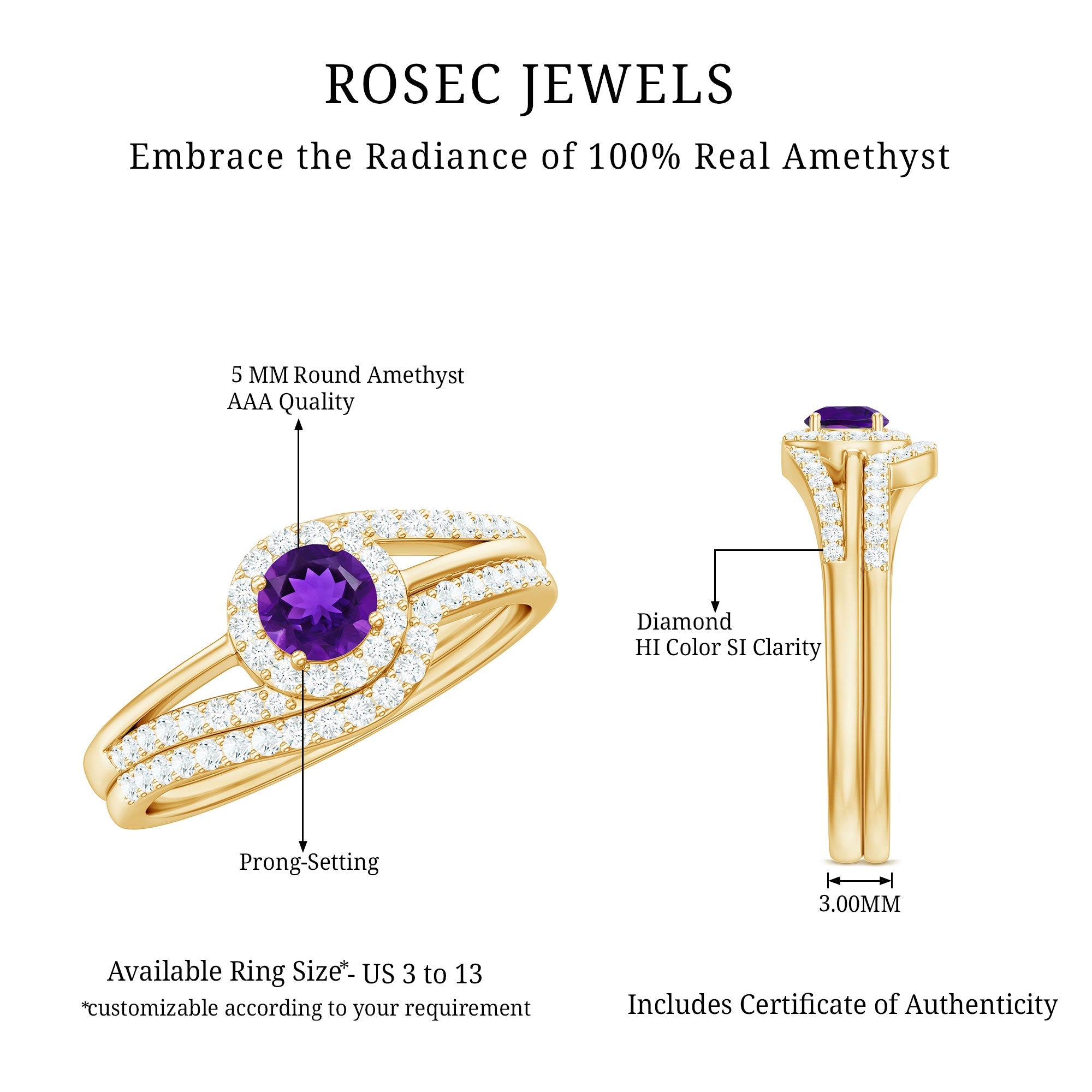 Natural Amethyst Diamond Wedding Bridal Ring Set of 2