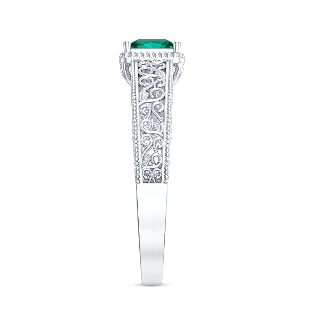 Vintage Inspired Princess Cut Lab Grown Emerald Promise Ring with Filigree Details