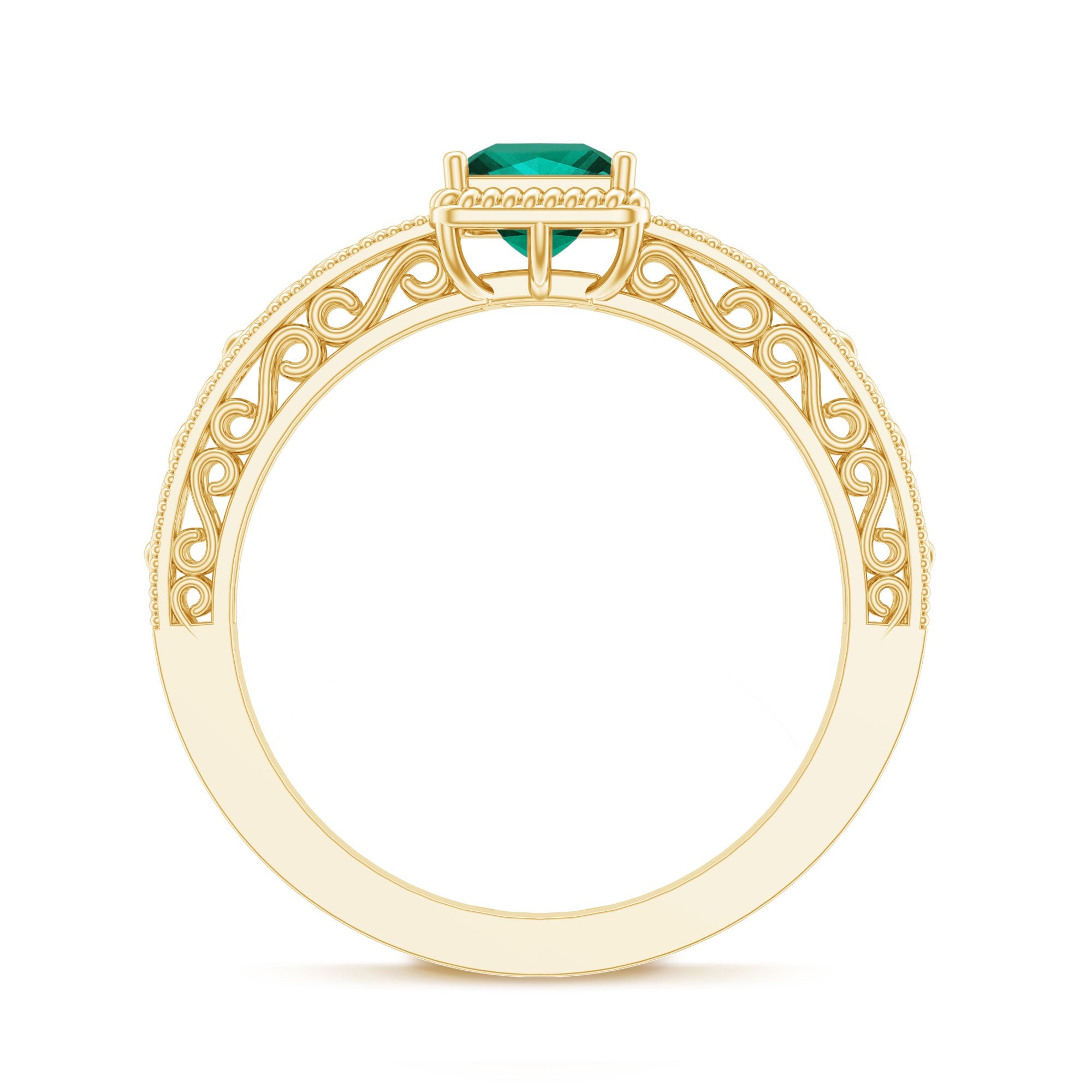 Vintage Inspired Princess Cut Lab Grown Emerald Promise Ring with Filigree Details
