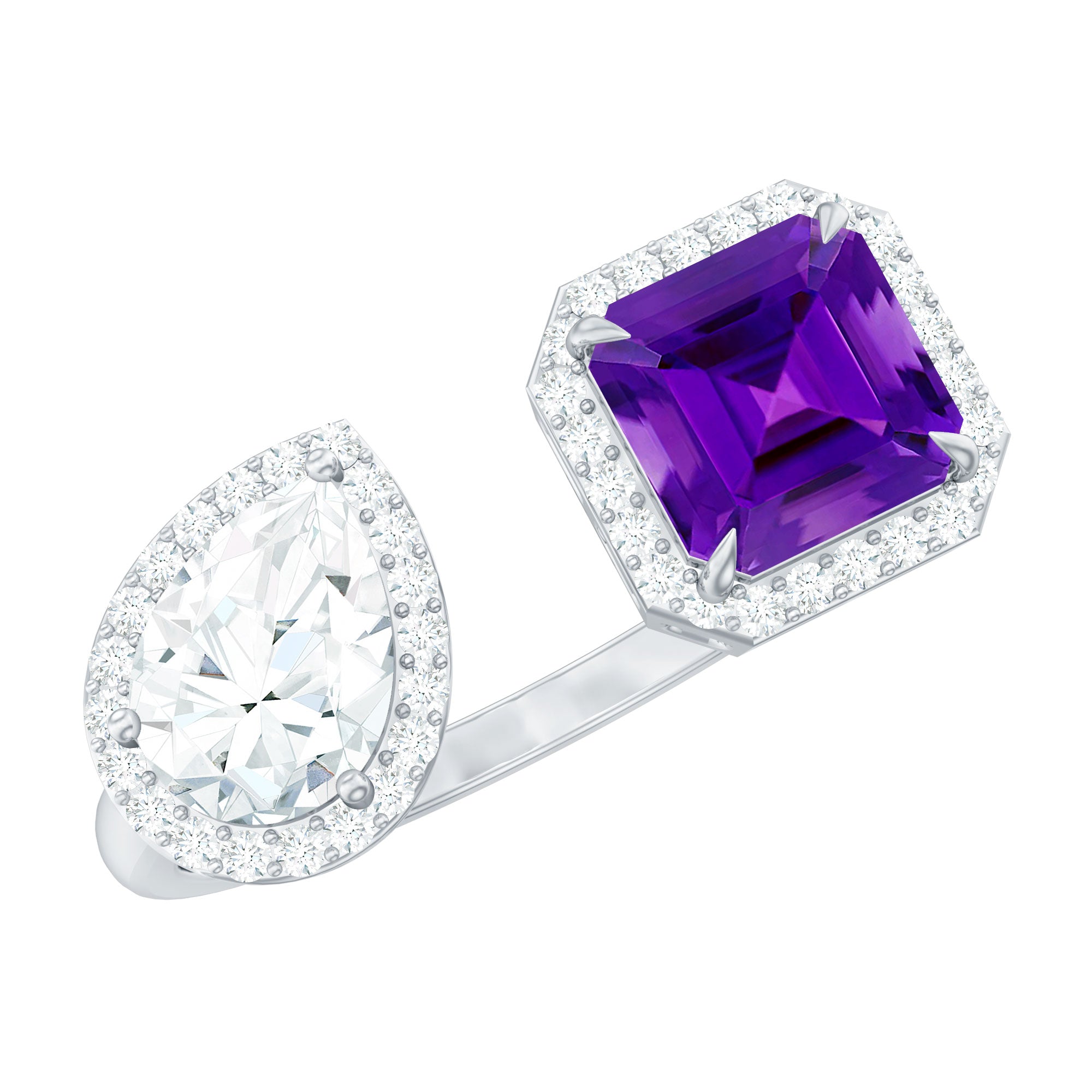 Certified Real Amethyst 2 Stone Engagement Ring with Moissanite