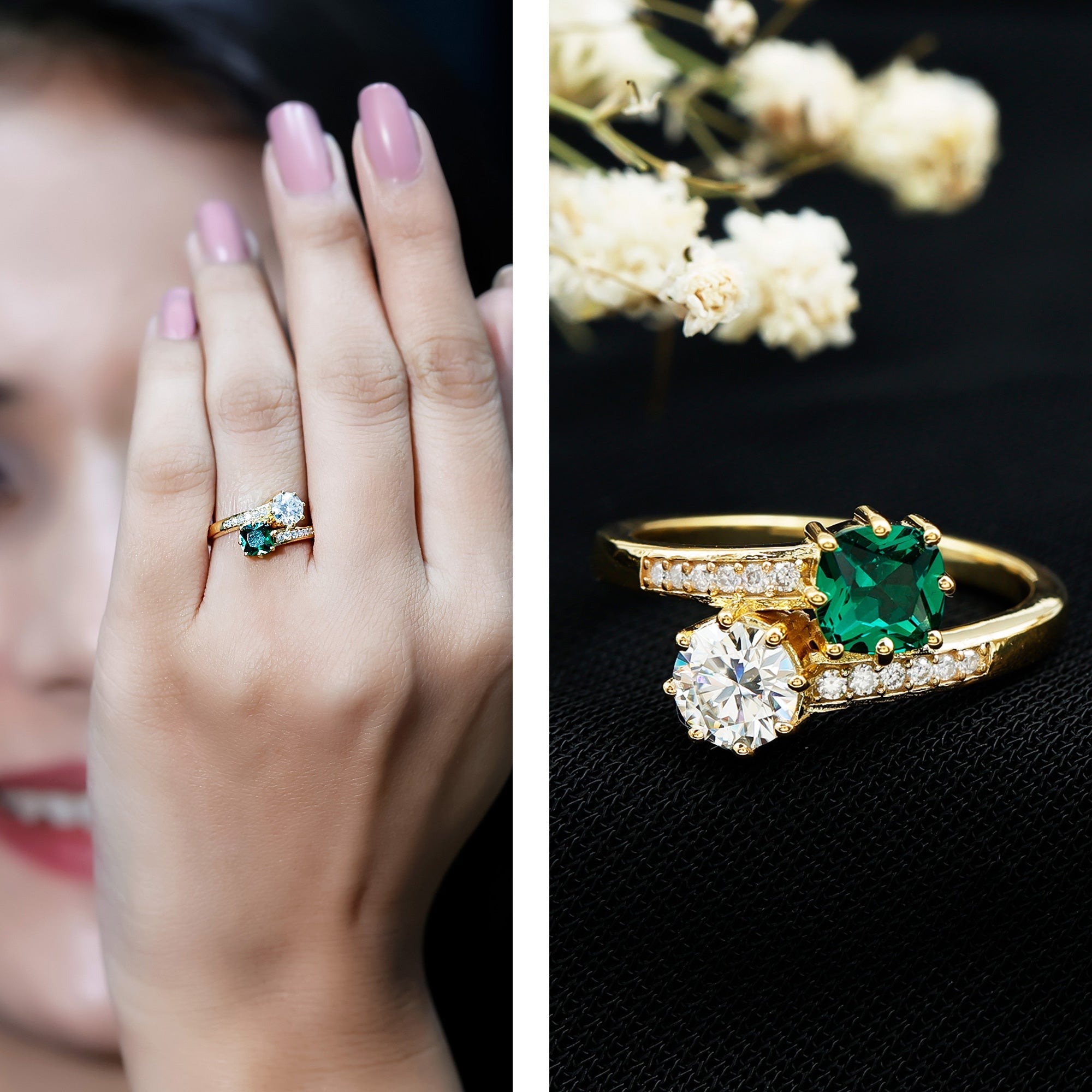 Lab Created Emerald and Moissanite Two Stone Engagement Ring in Silver